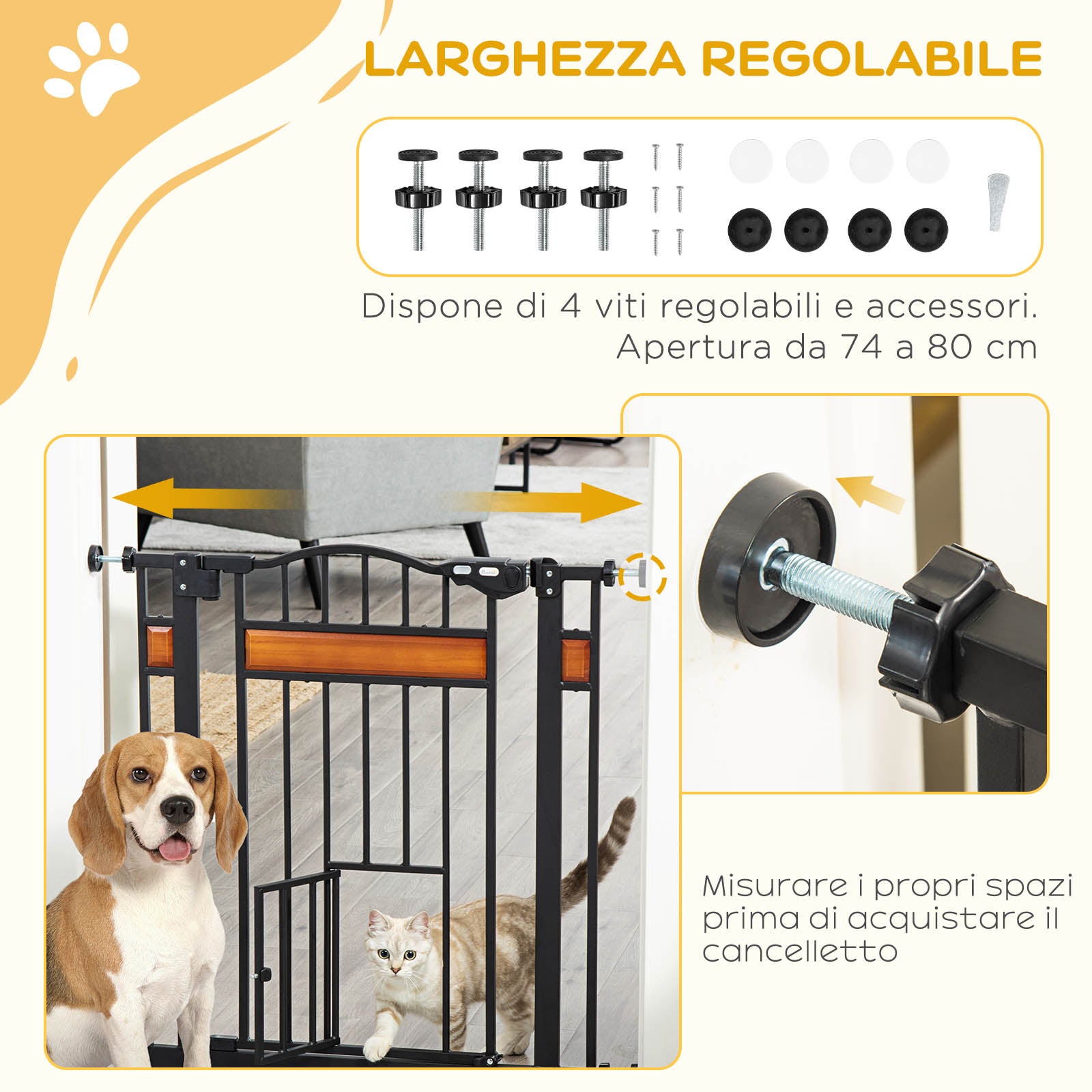 PawHut Cancellino per Cani con Fissaggio a Pressione, Barriera Estensibile da 74-80cm con Chiusura Automatica, Nero - 6