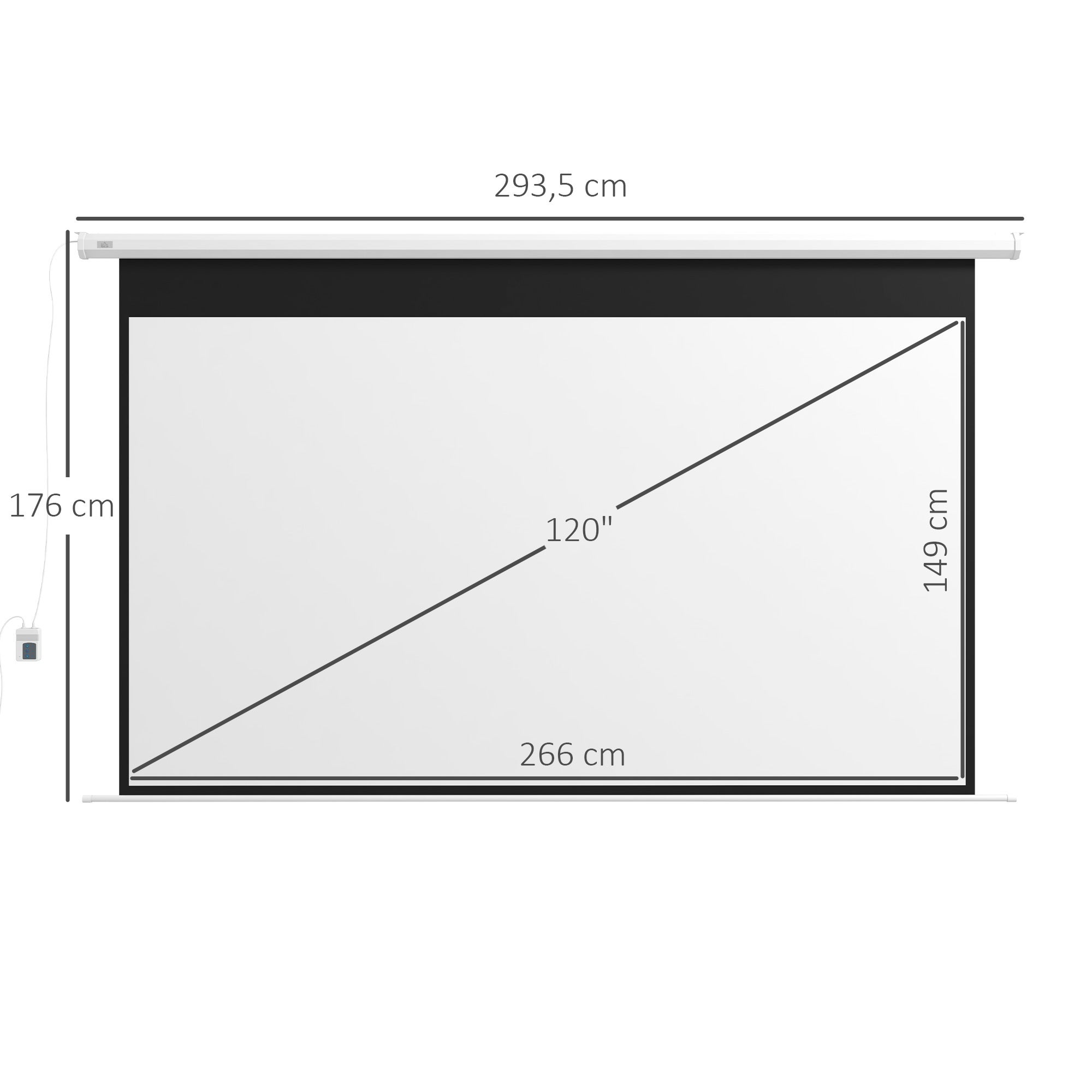 Écran de projection électrique 266 x 149 cm 16:9 avec télécommande pour home cinéma et présentations, métal, blanc - 3