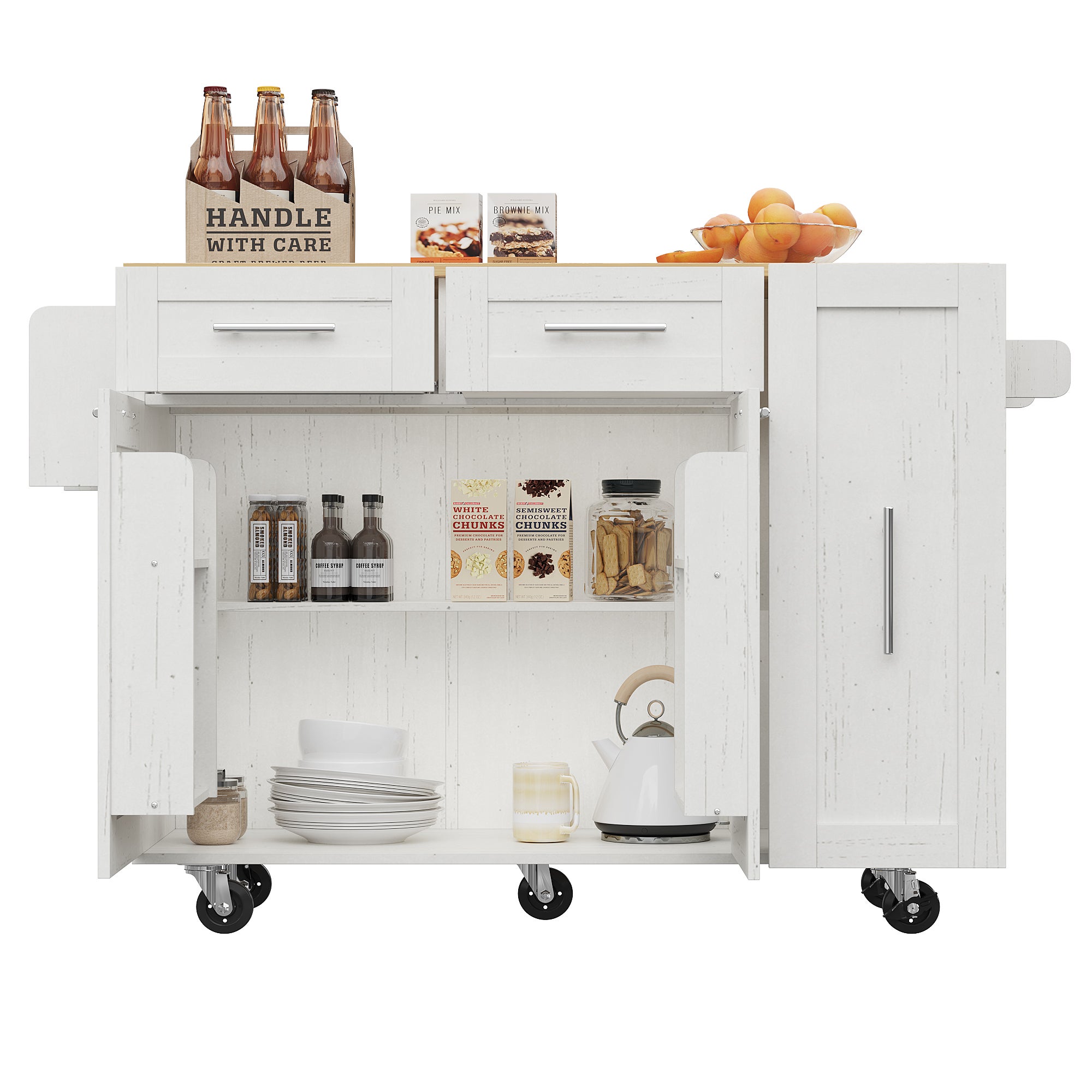 Ilot central de cuisine - chariot à roulette avec plateau escamotable - 2 tiroirs et 2 portes - Blanc - 6