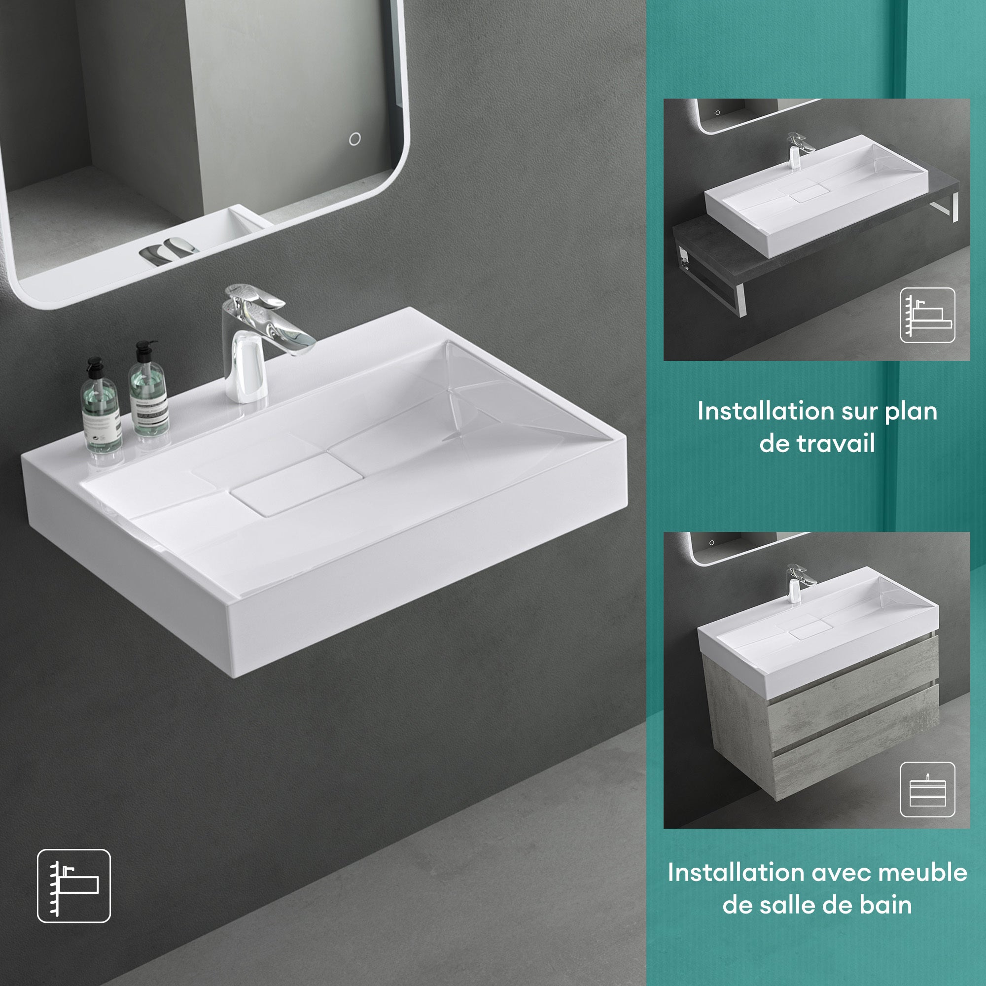 Mai & Mai Lavabo Suspendu Blanc 120x46x11cm Vasque à Poser Rectangulaire avec Perçage pour Robinet avec Bonde et Cache Bonde Col19 - 4