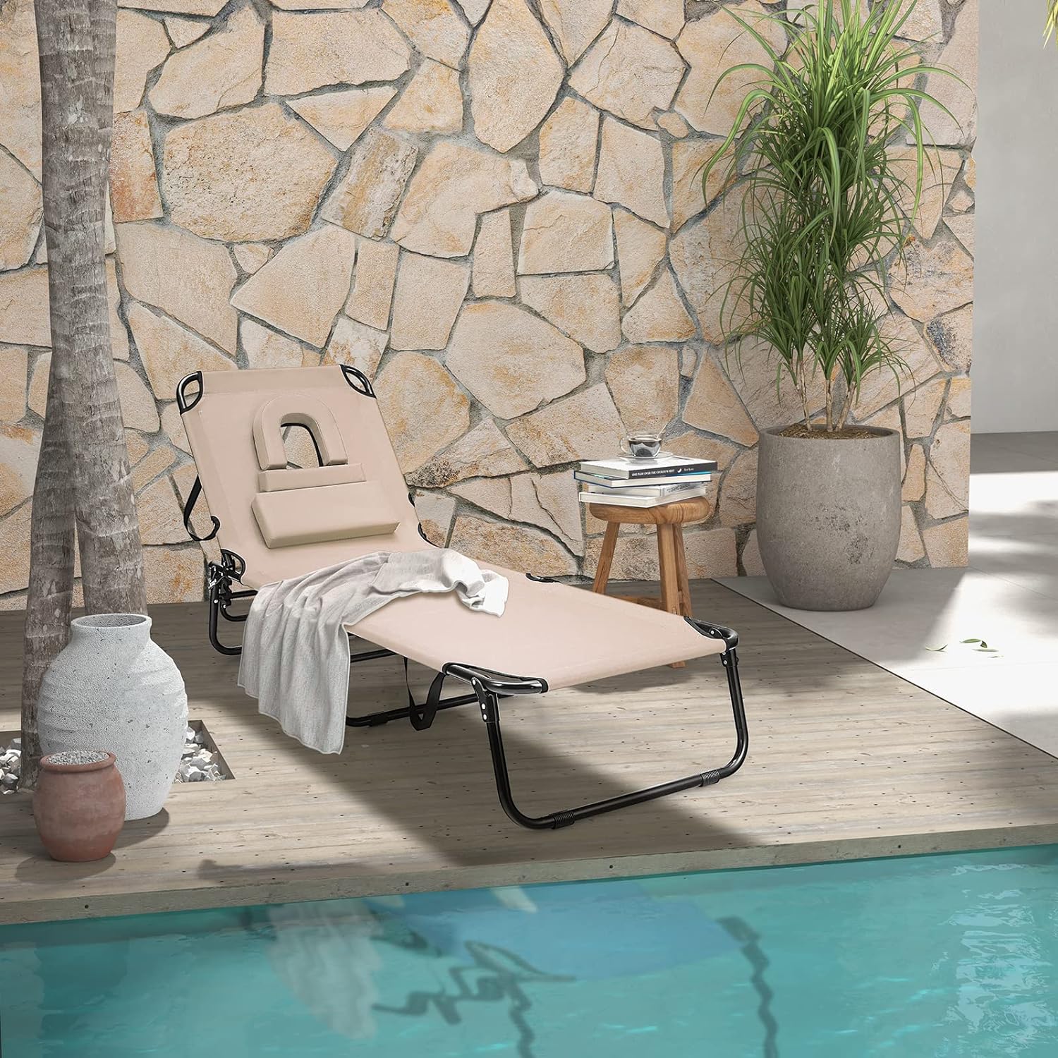 Transat Jardin Extérieur/Chaise Longue Pliante Réglable en 5 Positions, Bain de Soleil avec Trou pour Visage, 3 Coussins Amovibles, Charge 160 KG - 2