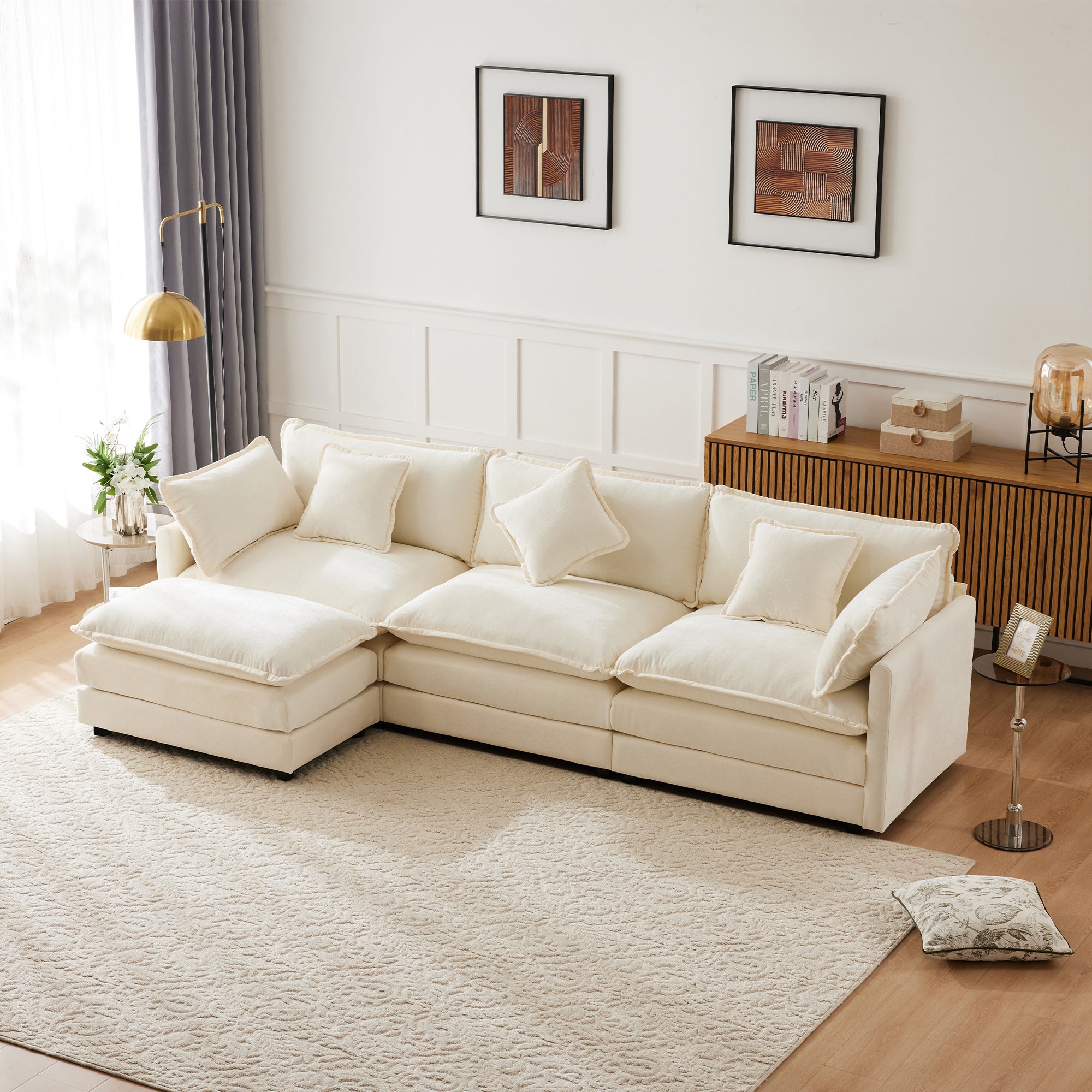 Canapé d'angle 3 places avec repose-pieds - 283 x 147 x 84 - Tissu chenille - Beige - 3