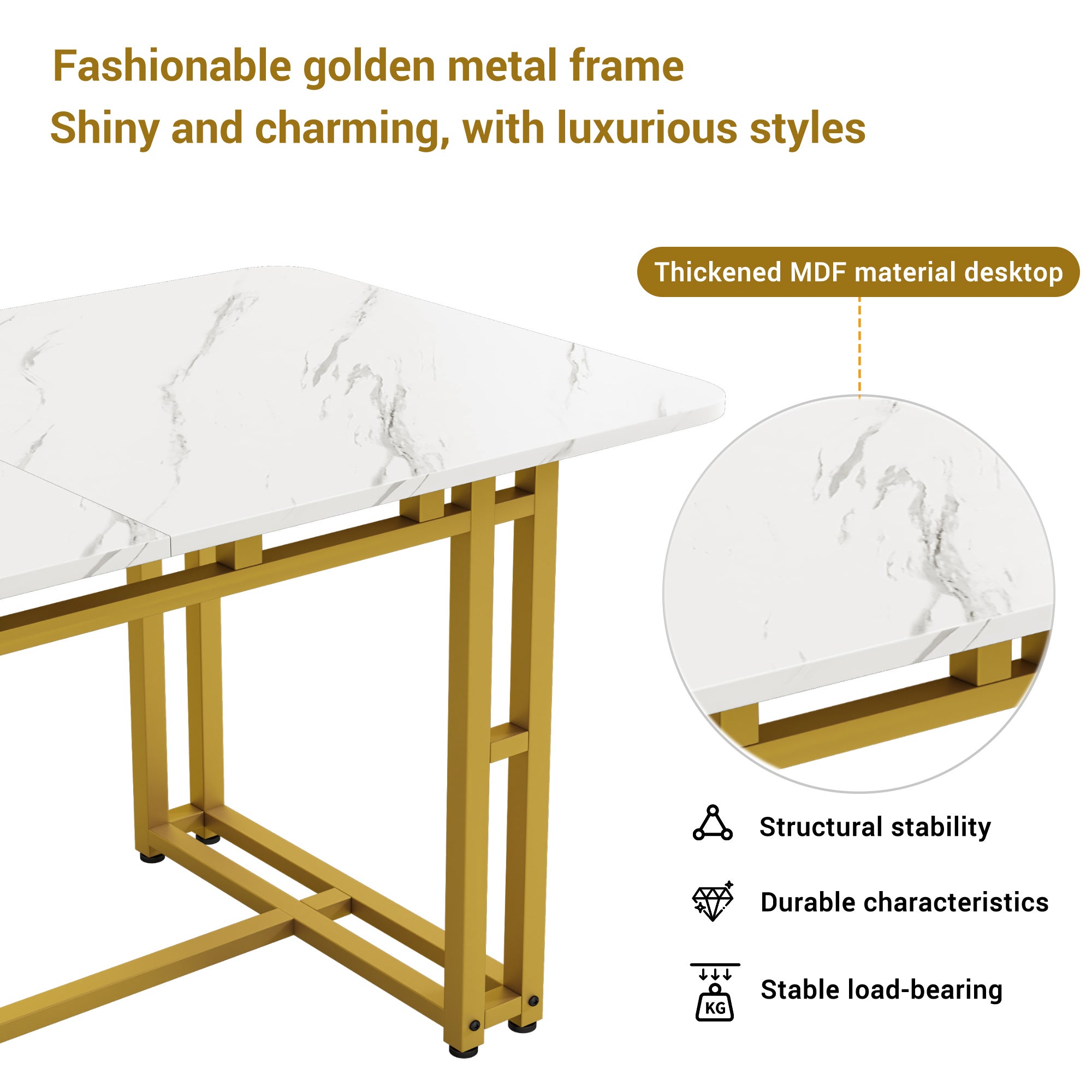 Mesa de comedor para 4 a 6 cubiertos con diseño de mármol - MDF + patas de metal dorado - blanca - 5