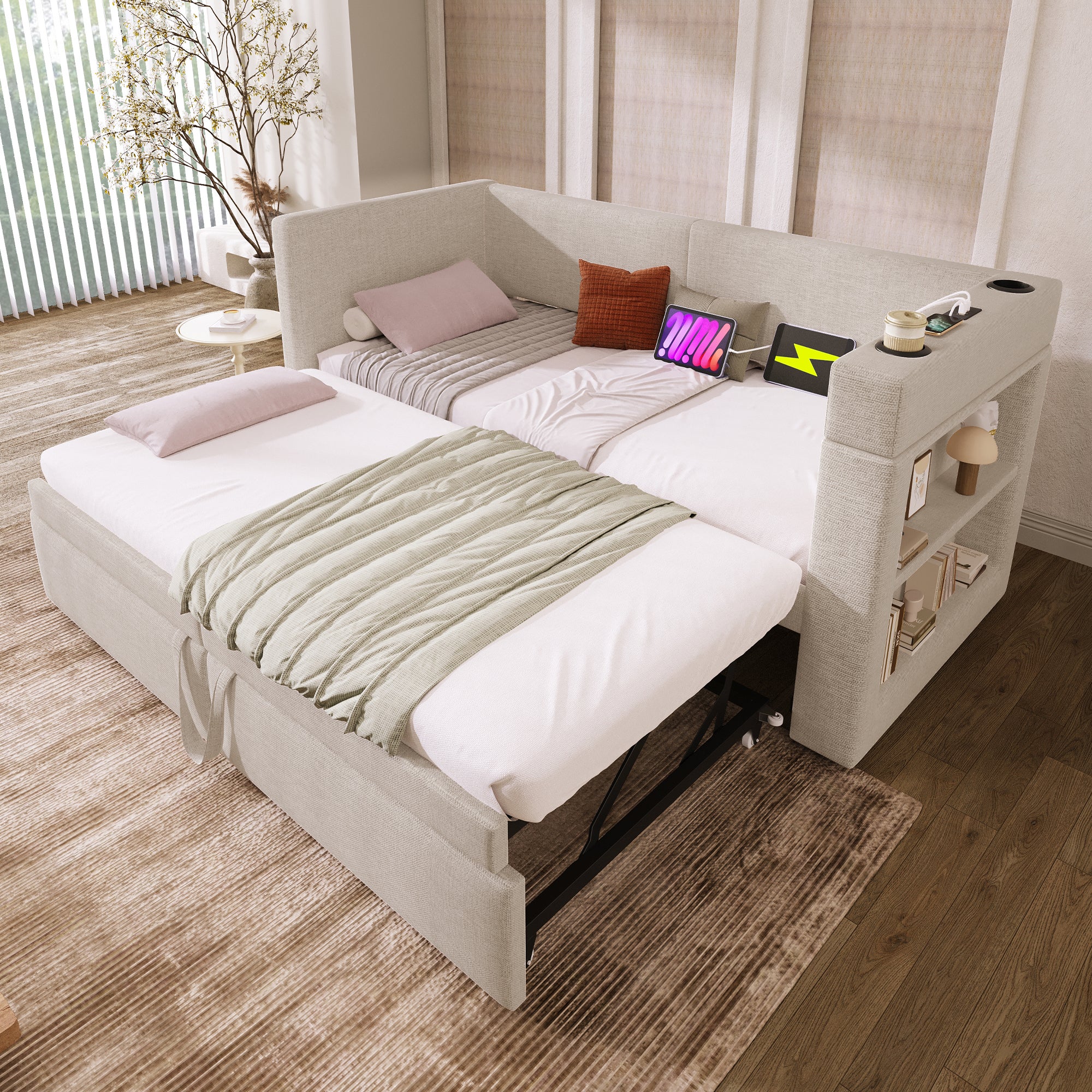 Tapicerka leżanka 90x200 cm - z łóżkiem wysuwanym 90x200 cm - z USB i Type-C - z uchwytem na kubek - Beżowa (bez materaca)