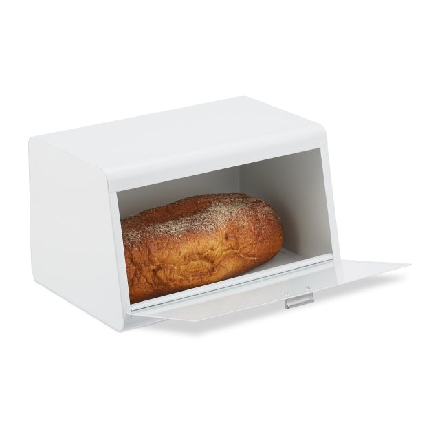 Panera de Acero Inoxidable, Caja de Almacenamiento de Pan, 20,5x34,5x23,5 cm, Guardar Bollería, Metal, Blanco, Relaxdays