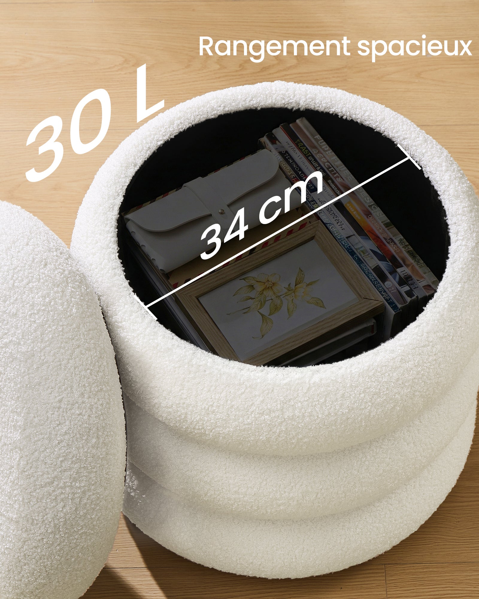 Tabouret de Coiffeuse Rond, Rembourré, avec Rangement, Couvercle Amovible, en Tissu Peluche Teddy, Blanc - 6
