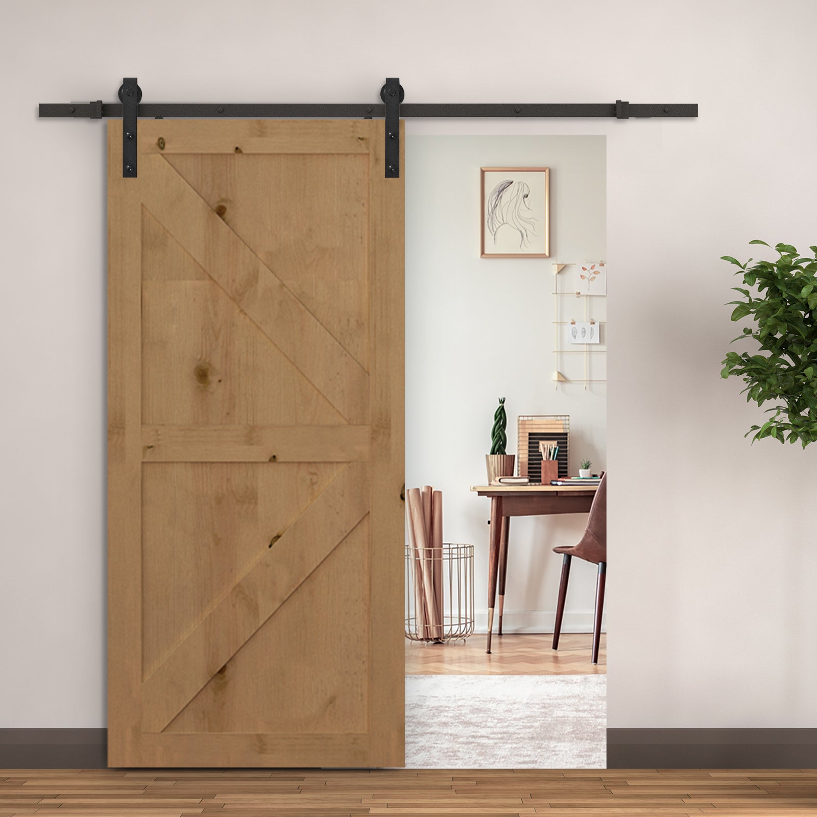 Kit d'accessoires pour rail de porte coulissante de 200 cm avec rail et roulettes, embouts style rustique, capacité de charge 90 kg, au carbone noir - 3
