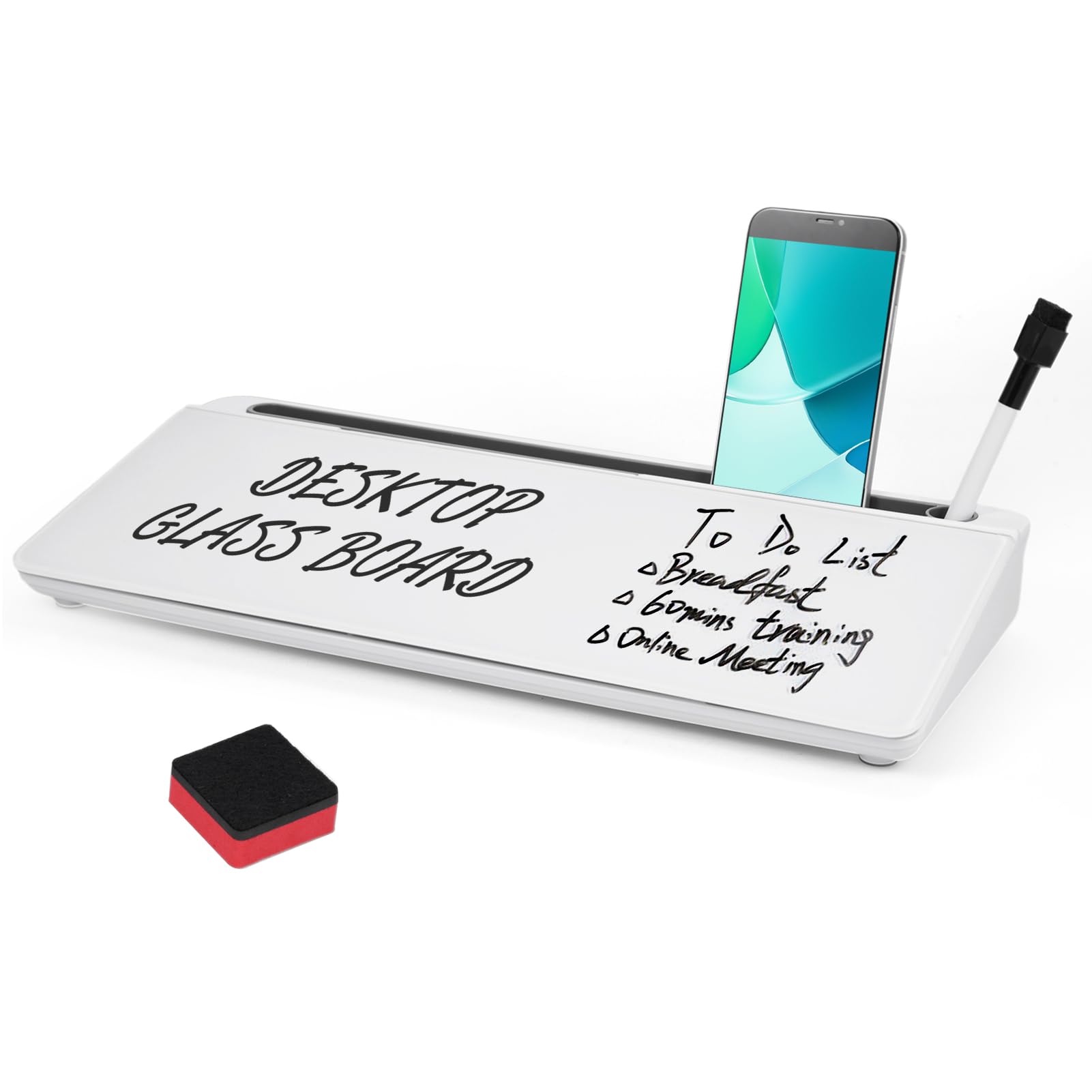 Pizarra blanca de vidrio pequeña para escritorio, tablero de borrado en seco, cajón de almacenamiento para tableta, soporte para teléfono, organizador