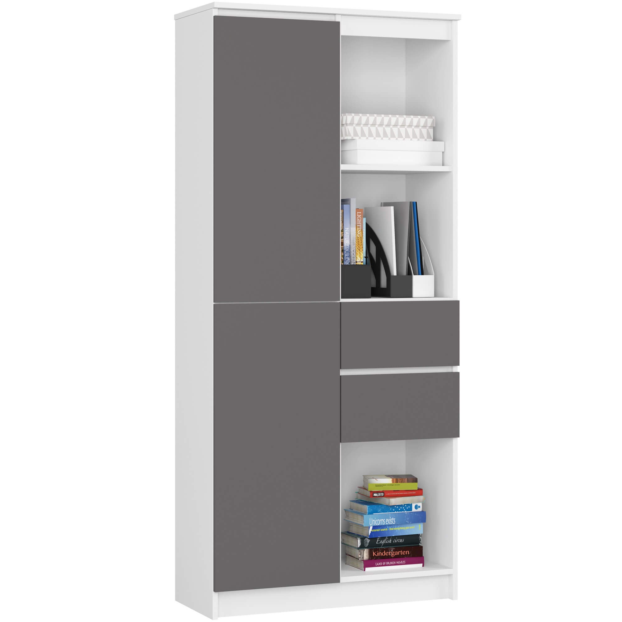Regał AKORD R15 Biały 80 cm 1 drzwi 2 szuflady kolor Grafit Szary mat 7 półek 80x35x180 cm