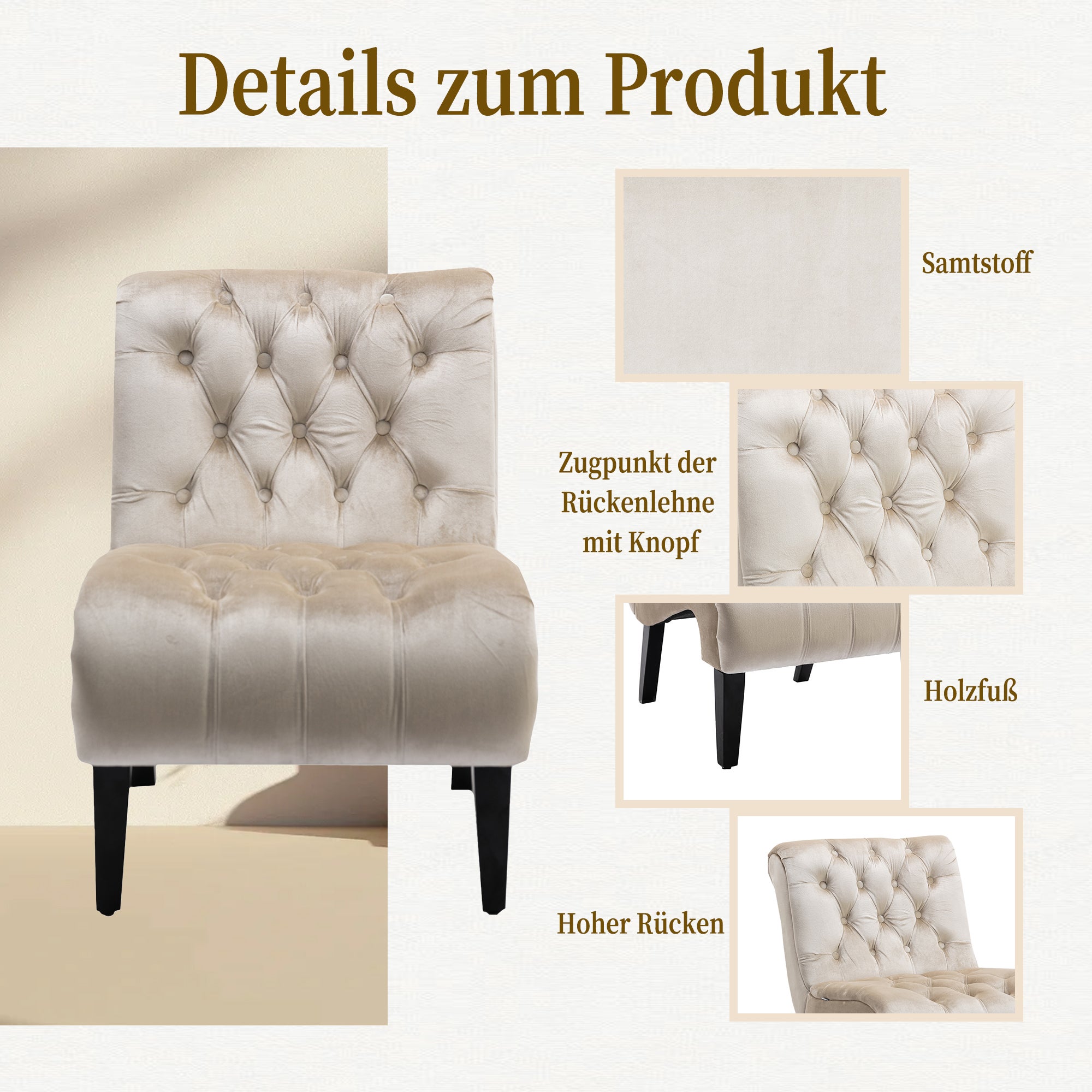 Sedia a dondolo con base in legno massello, Poltrona oscillante imbottita con stile moderna per soggiorno Beige