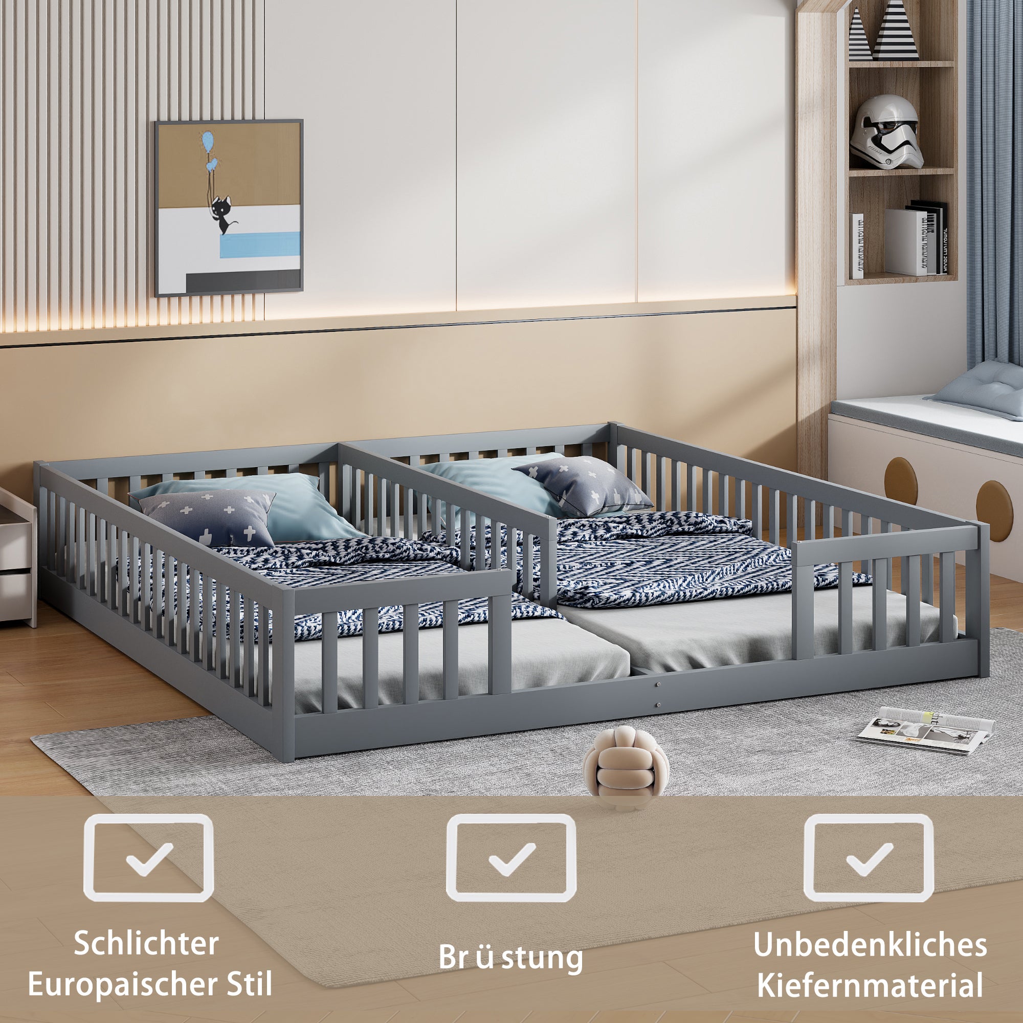 Letto a soppalco per bambini 90 x 200 cm in legno massello con sponda e