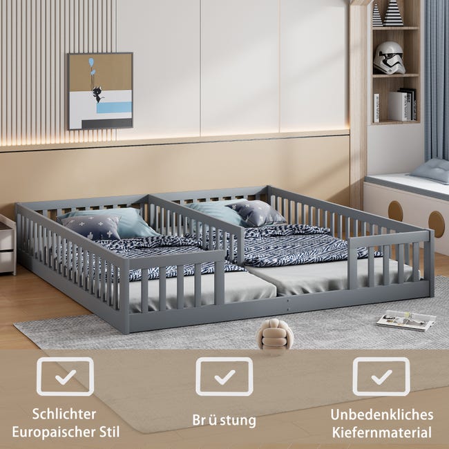 Letto a soppalco per bambini 90 x 200 cm in legno massello con sponda e Letto a soppalco per bambini 90 x 200 cm in legno massello con sponda e