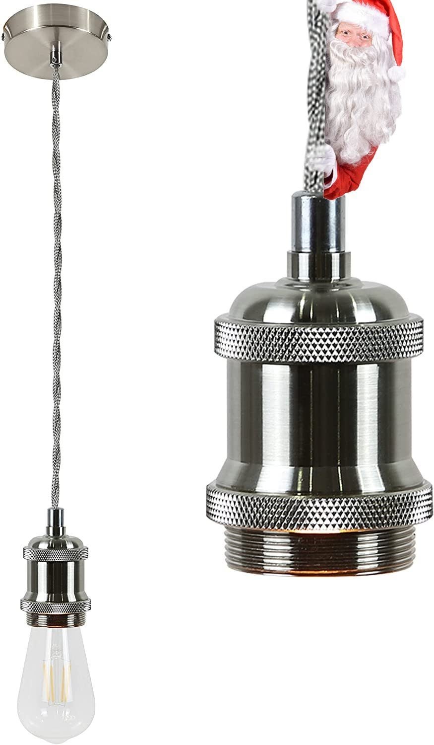 NETTLIFE Srebrna aluminiowa lampa wisząca, średnica 10 cm, lampa E27 Vintage z 1,3-metrowym kablem Edison Industrial z baldachimem do salonu, baru