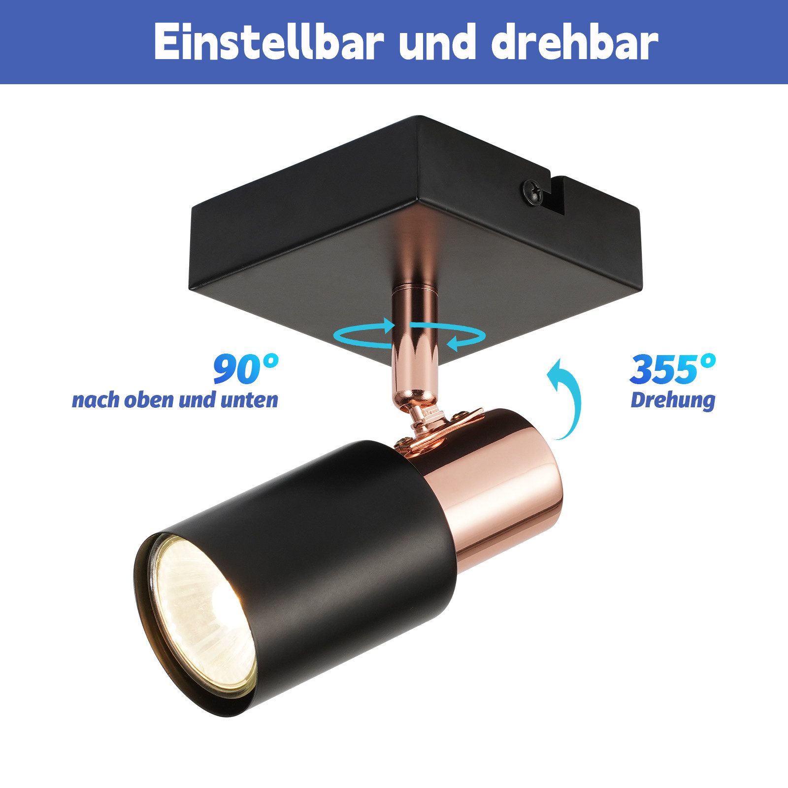 NETTLIFE Spot de plafond Spots de plafond 1 ampoule GU10 noire orientable à 355° - 2