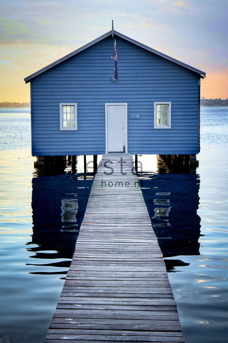 Fotomural casa de playa azul, gris y rojo atardecer - 186 cm x 2,79 m - estahome