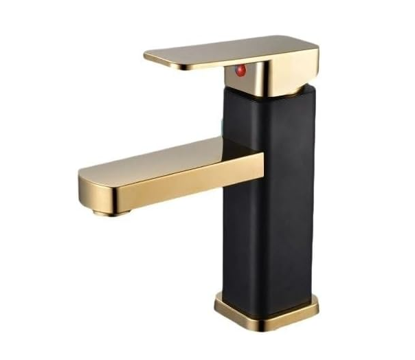 Kran do wody ciepłej i zimnej do łazienki - odpowiedni do łazienek, umywalek itp. - z wężem doprowadzającym wodę, 1 sztuka, czarno-złoty.