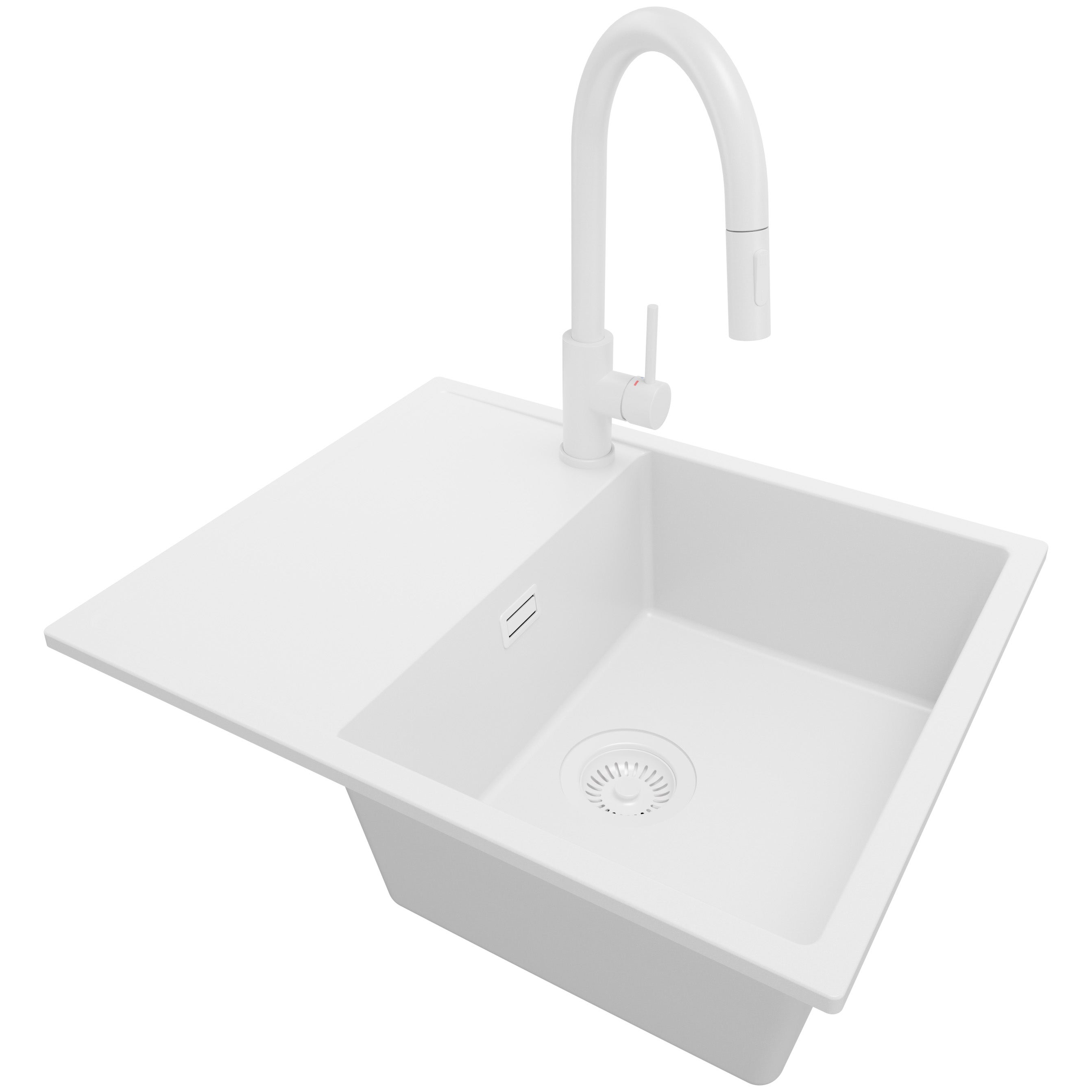 Zlewozmywak Granitowy Cały Biały 62x50cm, Zlew Kuchenny 1 Komorowy + Bateria 40x20cm + Syfon, Nablatowy do szafki od 45cm - Ibiza PRIMAGRAN
