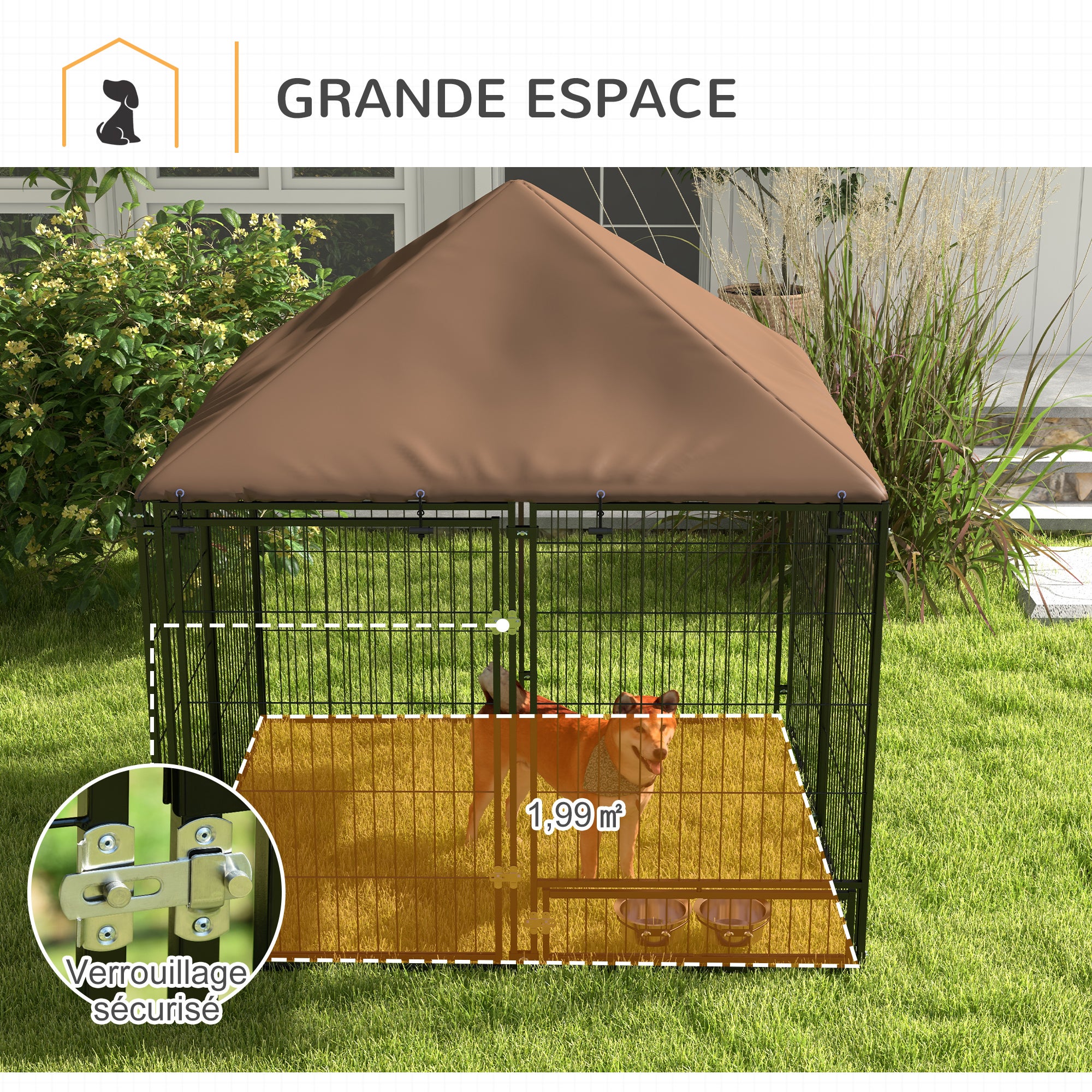 Chenil extérieur pour chiens - PawHut - support gamelle toit résistant intempéries espace spacieux - métal - 141x141x151cm - noir - 8