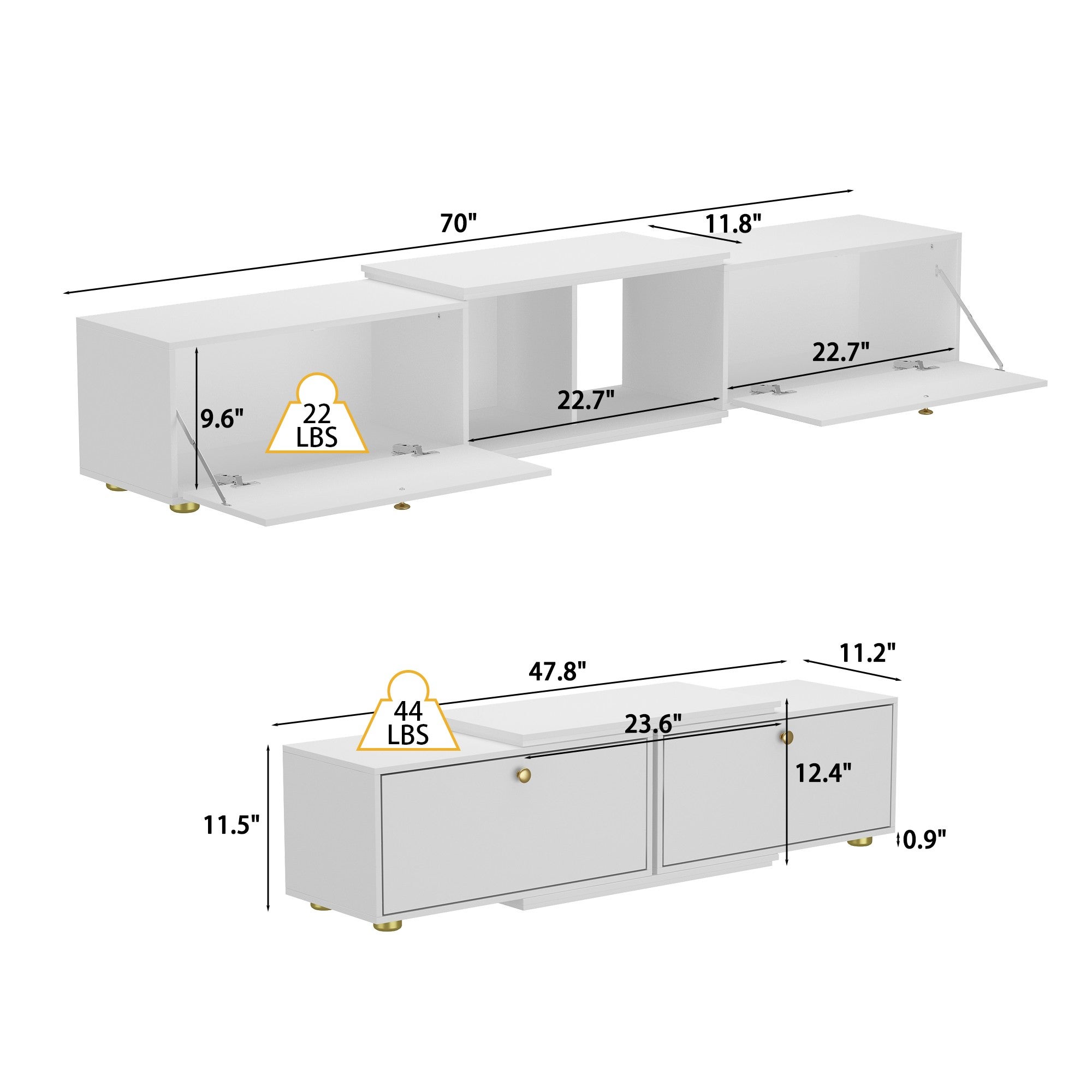 Meuble TV avec longueur réglable,support TV,Meuble bas,2 tiroirs,2 compartiments ouverts,120x30x31cm,Blanc - 6