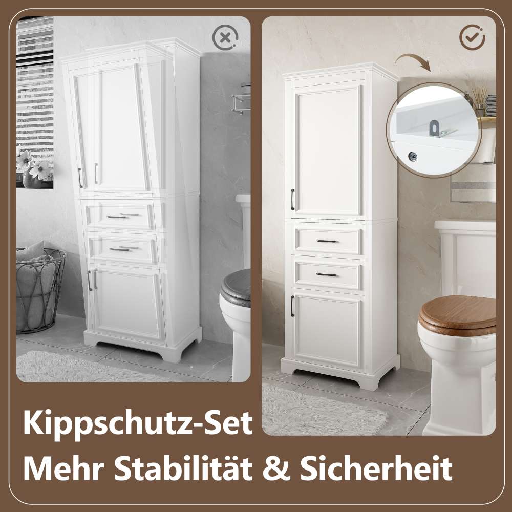 Armoire de salle de bain 60x40x180 cm en MDF blanc avec 2 tiroirs, 2 placards, étagères réglables et charnières soft-close - 9