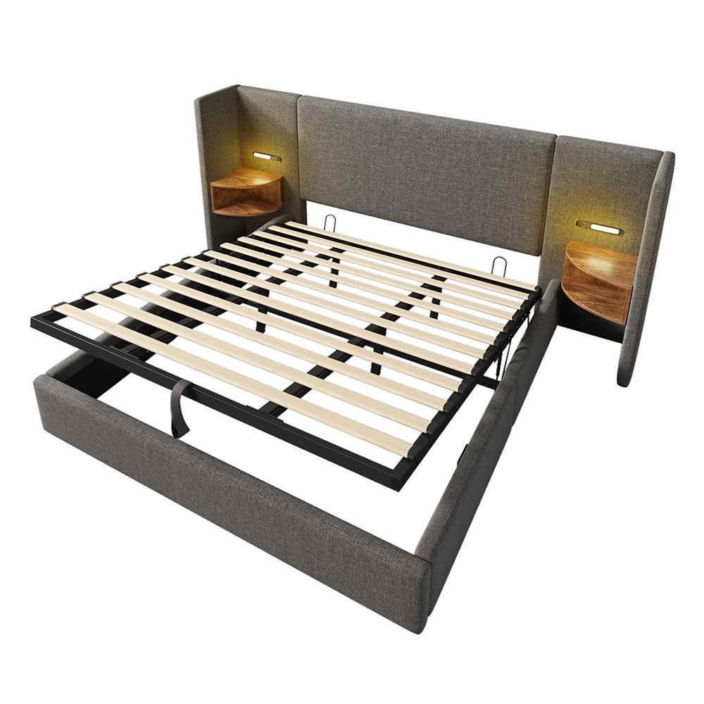 Lit double capitonné (180 x 200) avec tête de lit, liseuse et chargeur USB Type-C, cadre en bois massif et métal, gris, lin (matelas non inclus). - 6