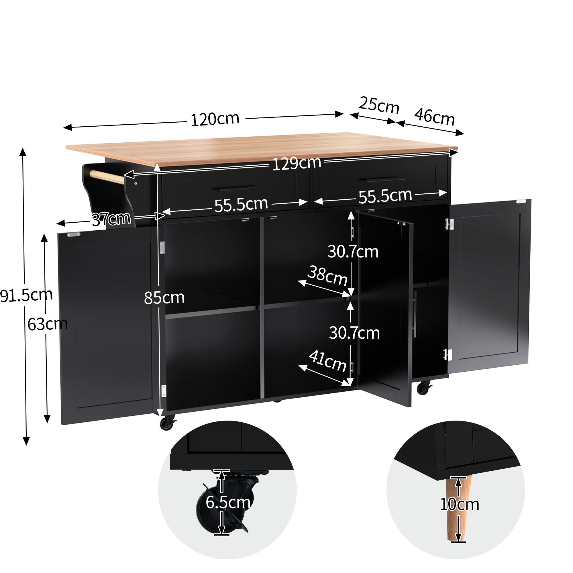 Îlot de cuisine avec plateau pliable et 5 roulettes, 129×46-71×91,5 cm,Desserte de cuisine avec espace de rangement, 2 tiroirs et 3 portes,Noir - 2