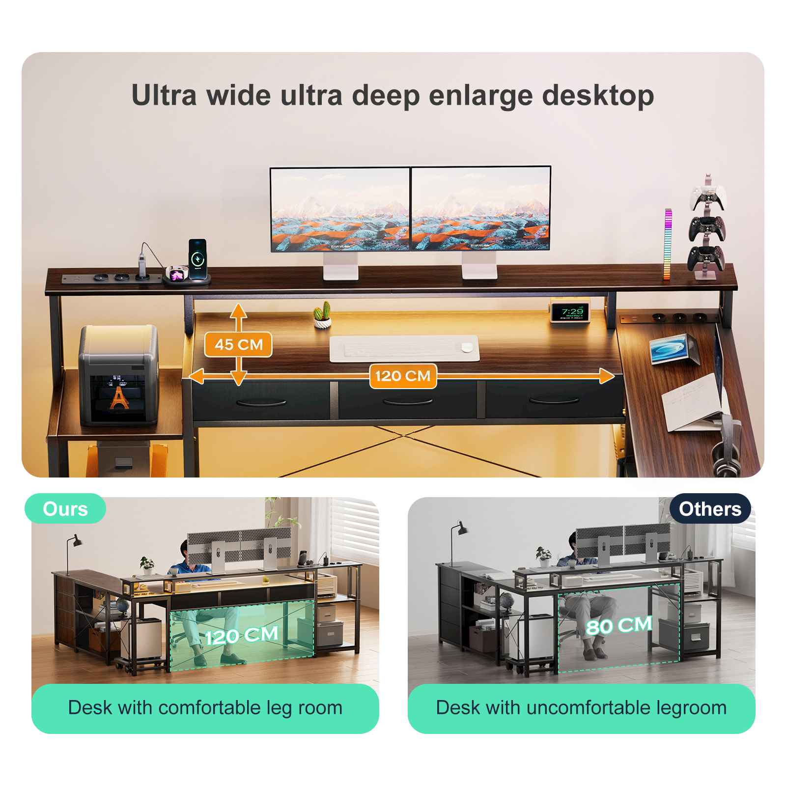 Bureau Gaming L-Shape 148cm avec LED, 3 Prises AC, 2 Ports USB, Tiroirs et Rangement - 7