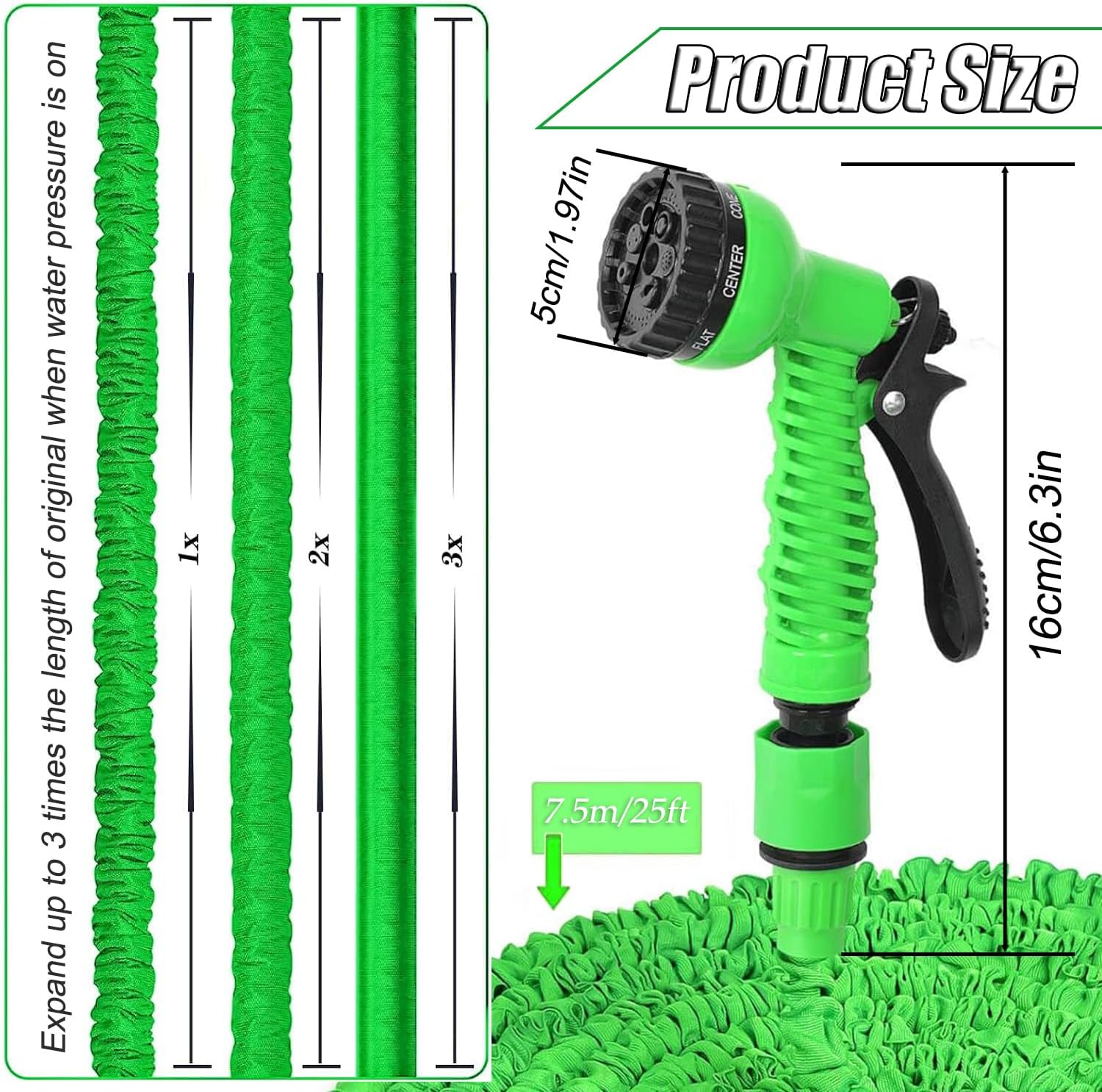 (Verde) Tubo da giardino retrattile da 7,5 m, 25 piedi, tubo da giardino retrattile con ugello a 7 funzioni - 2