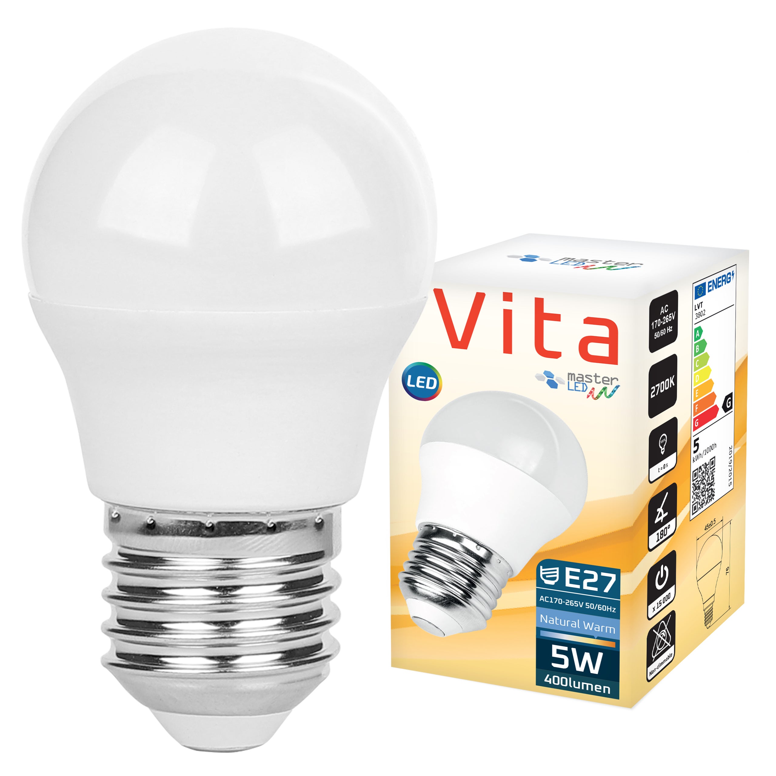 Żarówka LED E27 Vita G45 5W 2700K ciepła biel mocna premium kula MasterLED