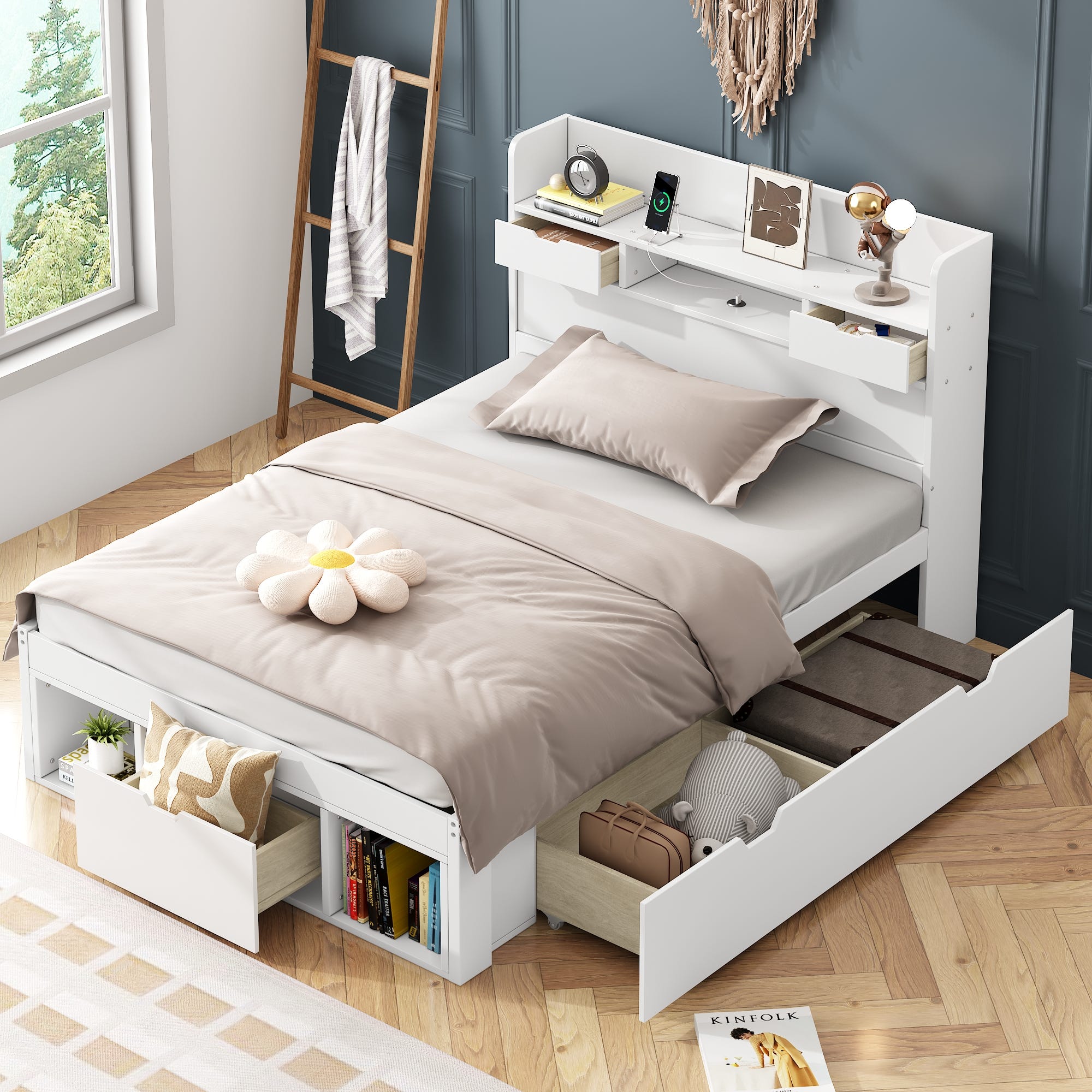 Lit 90x190 Cm Avec Tête De Lit Rangement Et Prise USB - Cadre Bois Massif, Tiroirs Et Lit Escamotable - Gain De Place