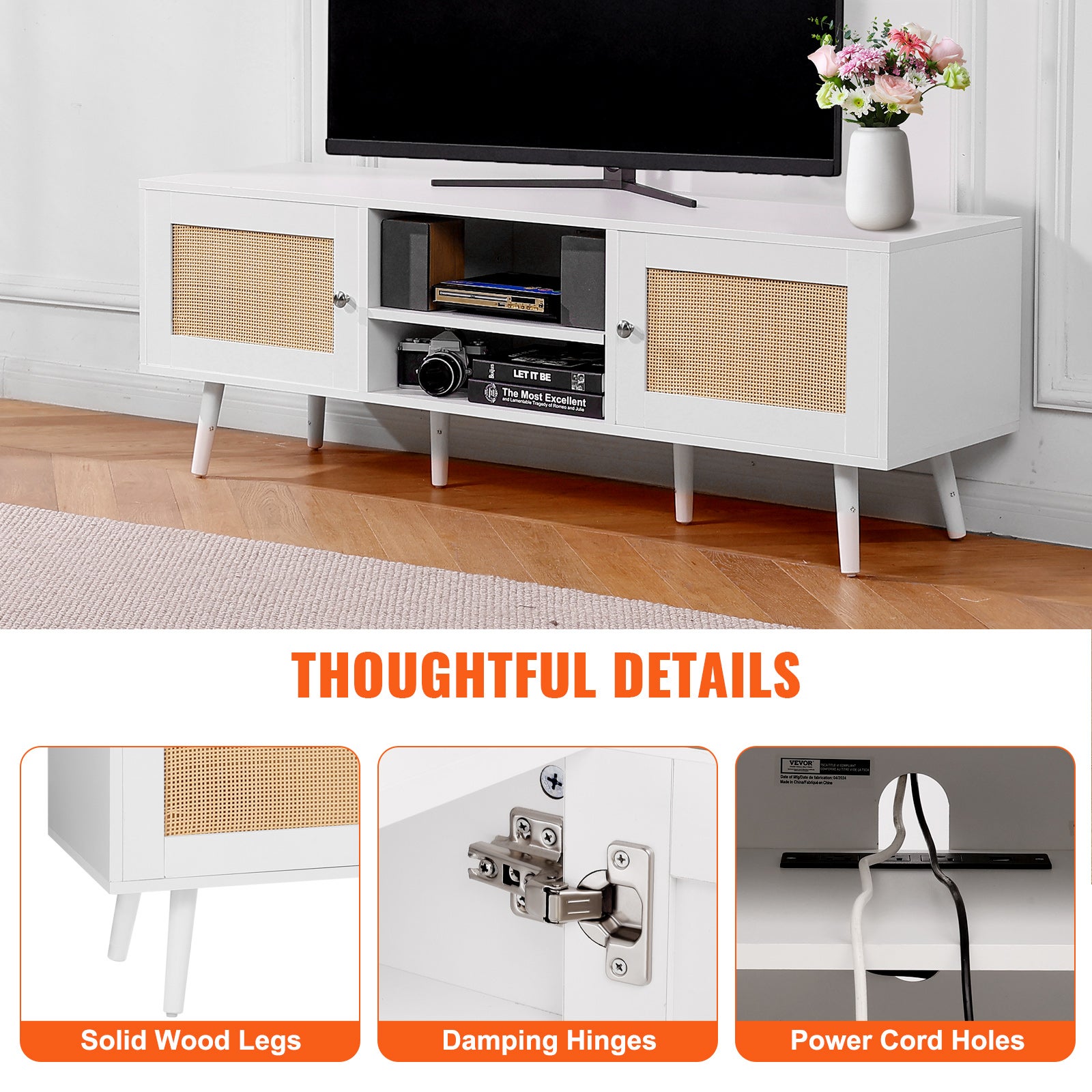 Meuble TV VEVOR en Rotin, pour Téléviseur 65 Pouces, Banc TV Bohème avec Porte en Rotin, Centre de Divertissement avec Prise Intégrée et Ports USB - 6