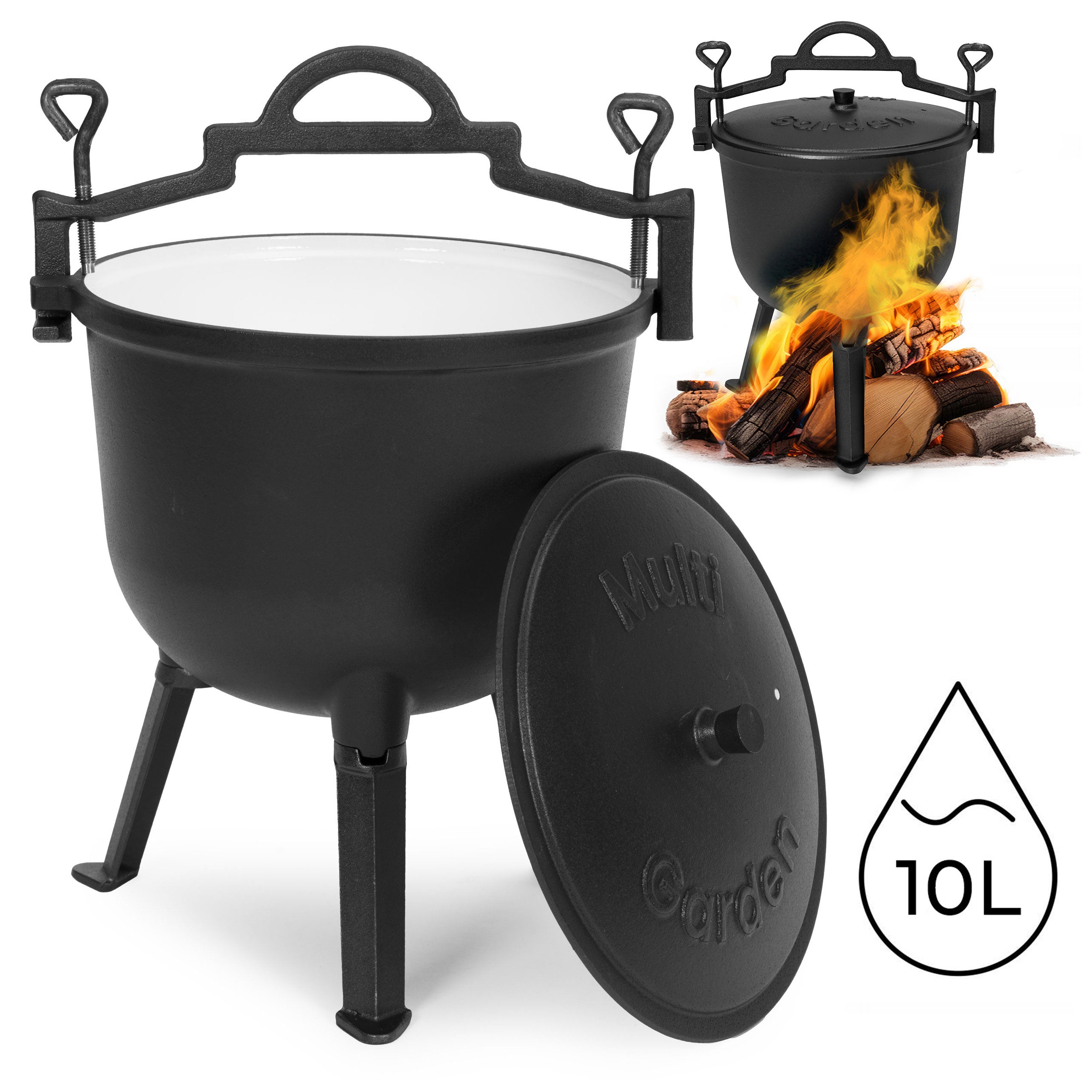 Kociołek żeliwny emaliowany 10L stojący garnek myśliwski ognisko grill MultiGarden