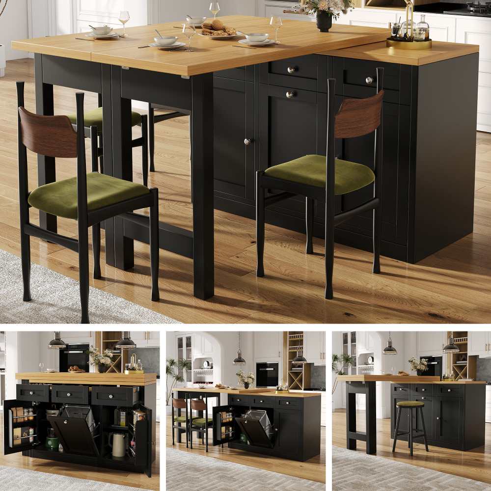 Mesa de bar extensible negra con almacenaje, mesa plegable cocina, soporte extraíble para cubo de basura, cajón y estante para aperitivos