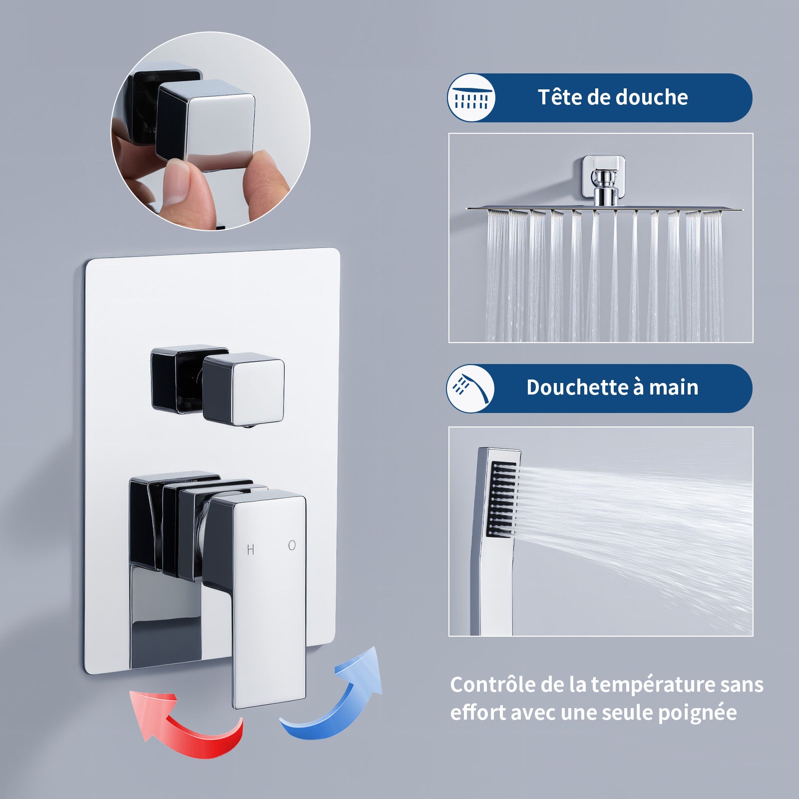 Colonne de Douche Encastrée Chromée avec Tête Carrée 12