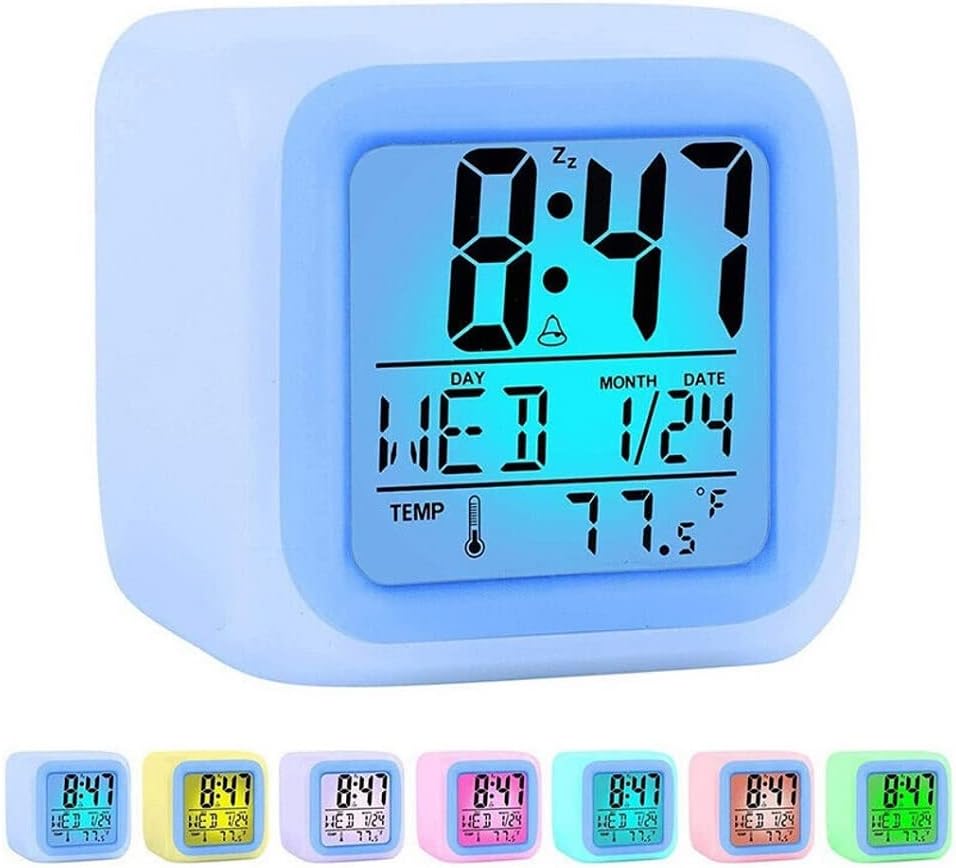 Budzik do sypialni z funkcją drzemki, 7-kolorową lampką nocną, wyświetlaczem daty, czujnikiem temperatury i formatem 12/24-godzinnym.
