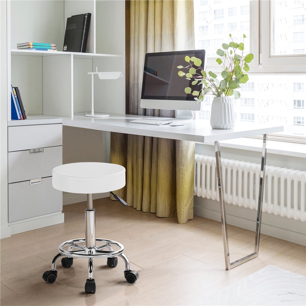 Tabouret Rond à Roulettes avec Assise Réglable en Hauteur et Revêtement en Similicuir Blanc Yaheetech - 2