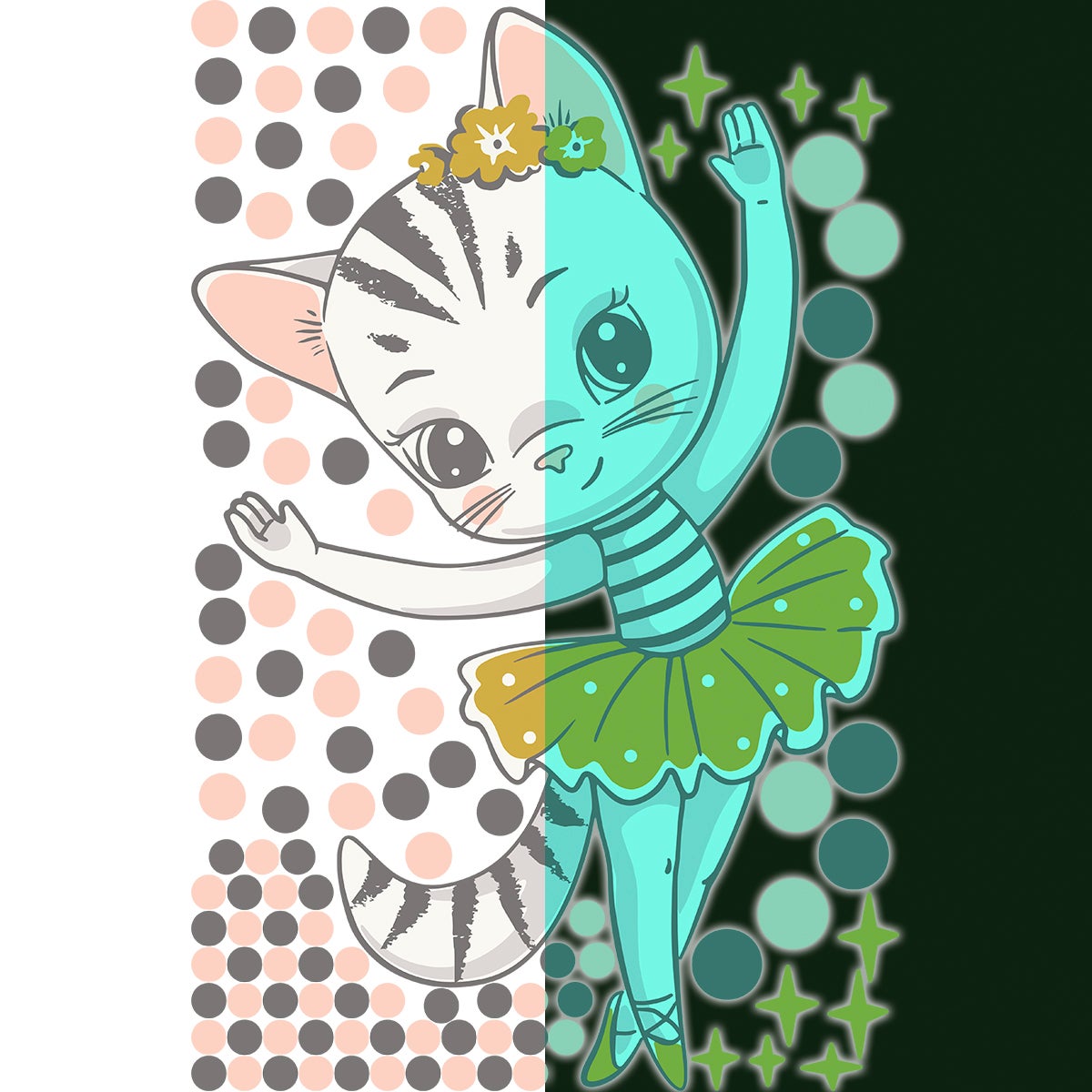 Adesivos fosforescente gatto ballerina + 100 cerchi colorati - Sticker adesivo - adesivi murali - 80x50cm - 8