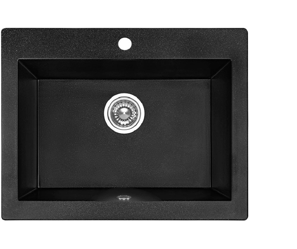 Fregadero de cocina redondo de granito negro komodo, 1 seno, 49x58
