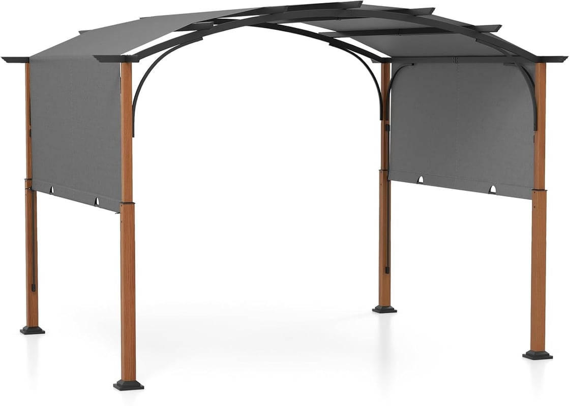Pergola Rozsuwana 360 x 300 cm, Pergola Tarasowa Łukowa z Regulowanym Daszkiem, Kołki do Ziemi, Metalowa Rama, Daszek Tarasowy (Szary)
