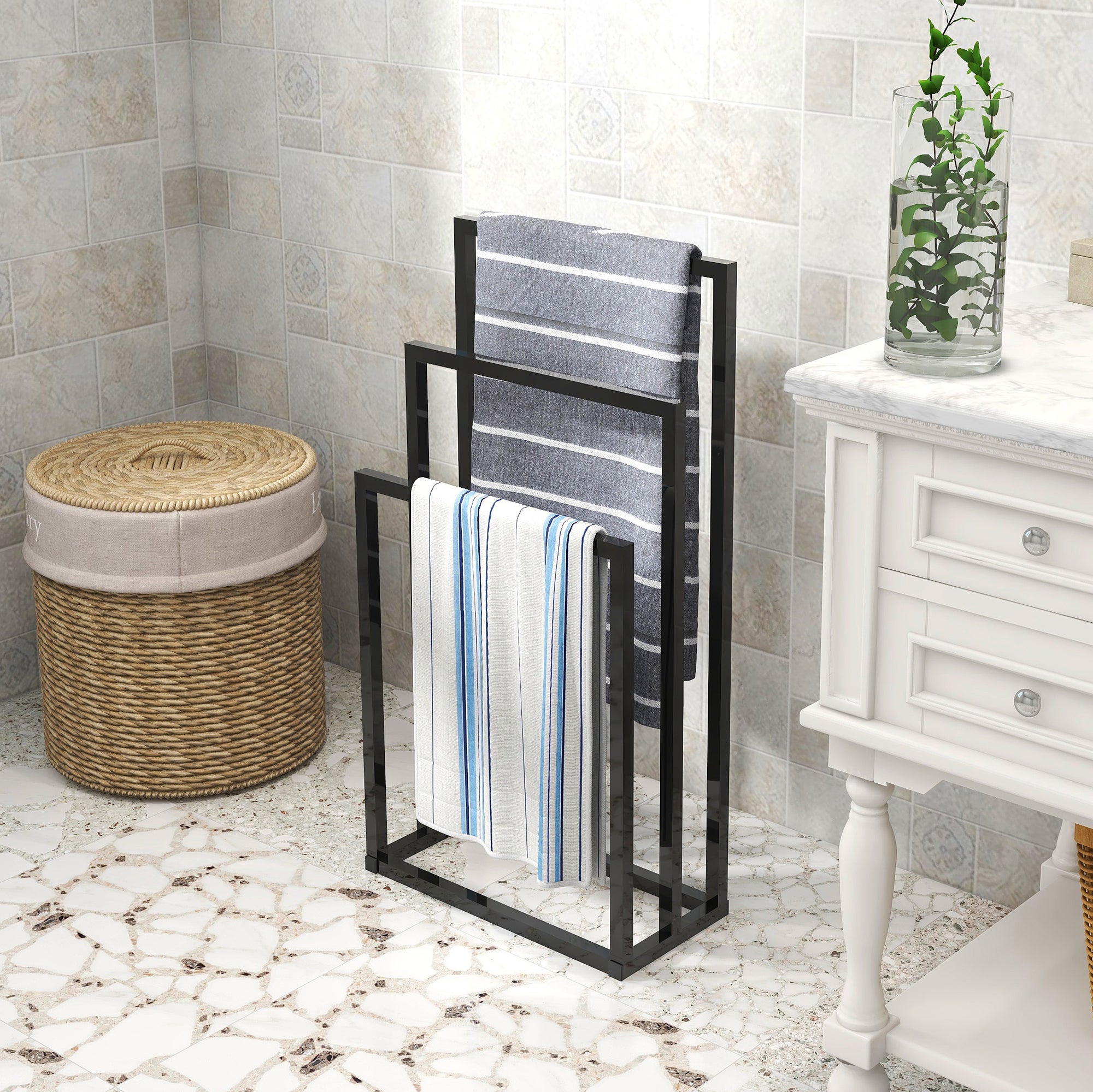 Porte-serviettes pour salle de bain, porte-serviettes extérieur à 3 niveaux plus large, porte-serviettes autoportant, porte-serviettes - 3
