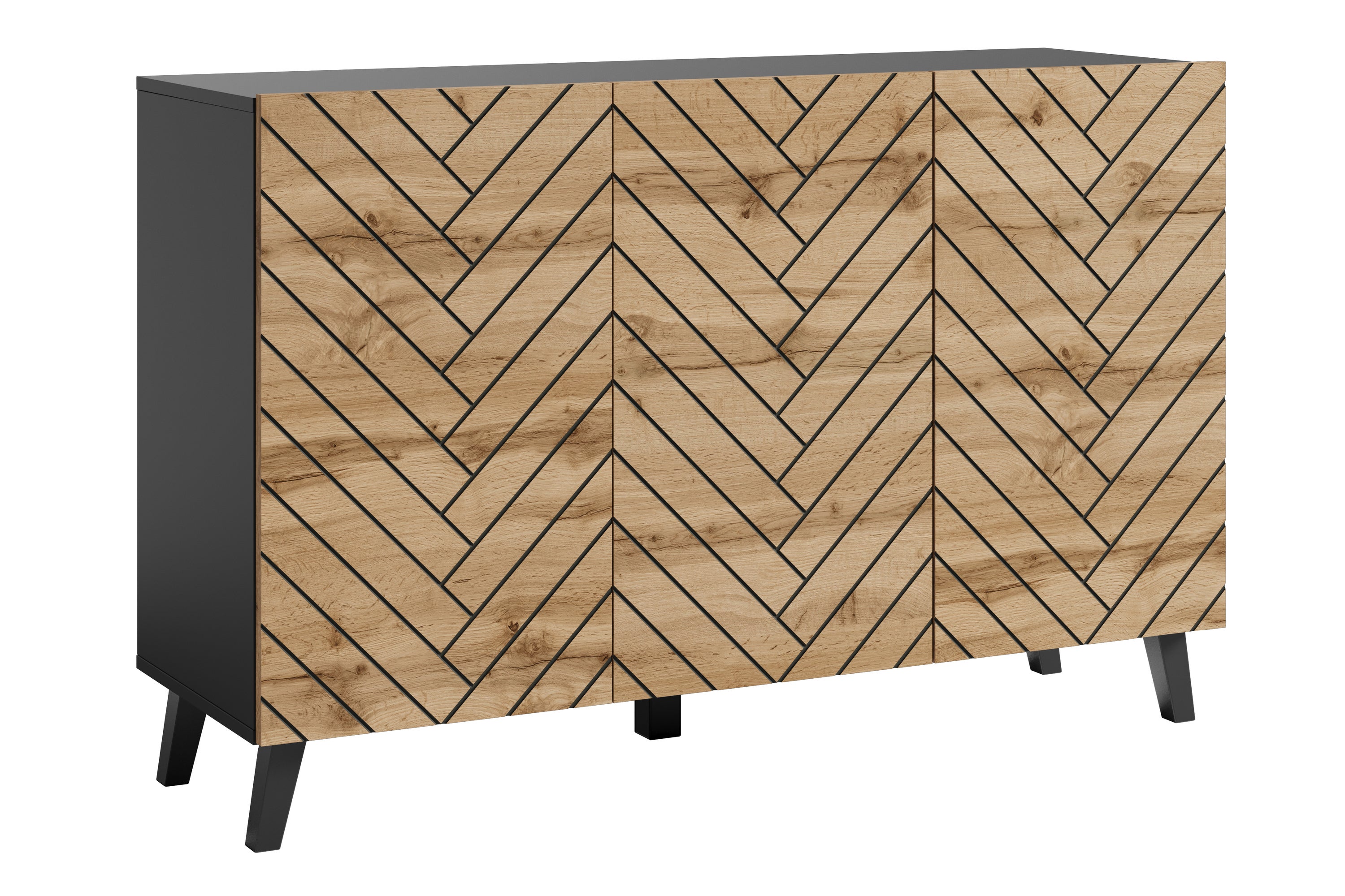 Niska komoda LOKET 120 cm czarny/dąb wotan MDF z wzór M7