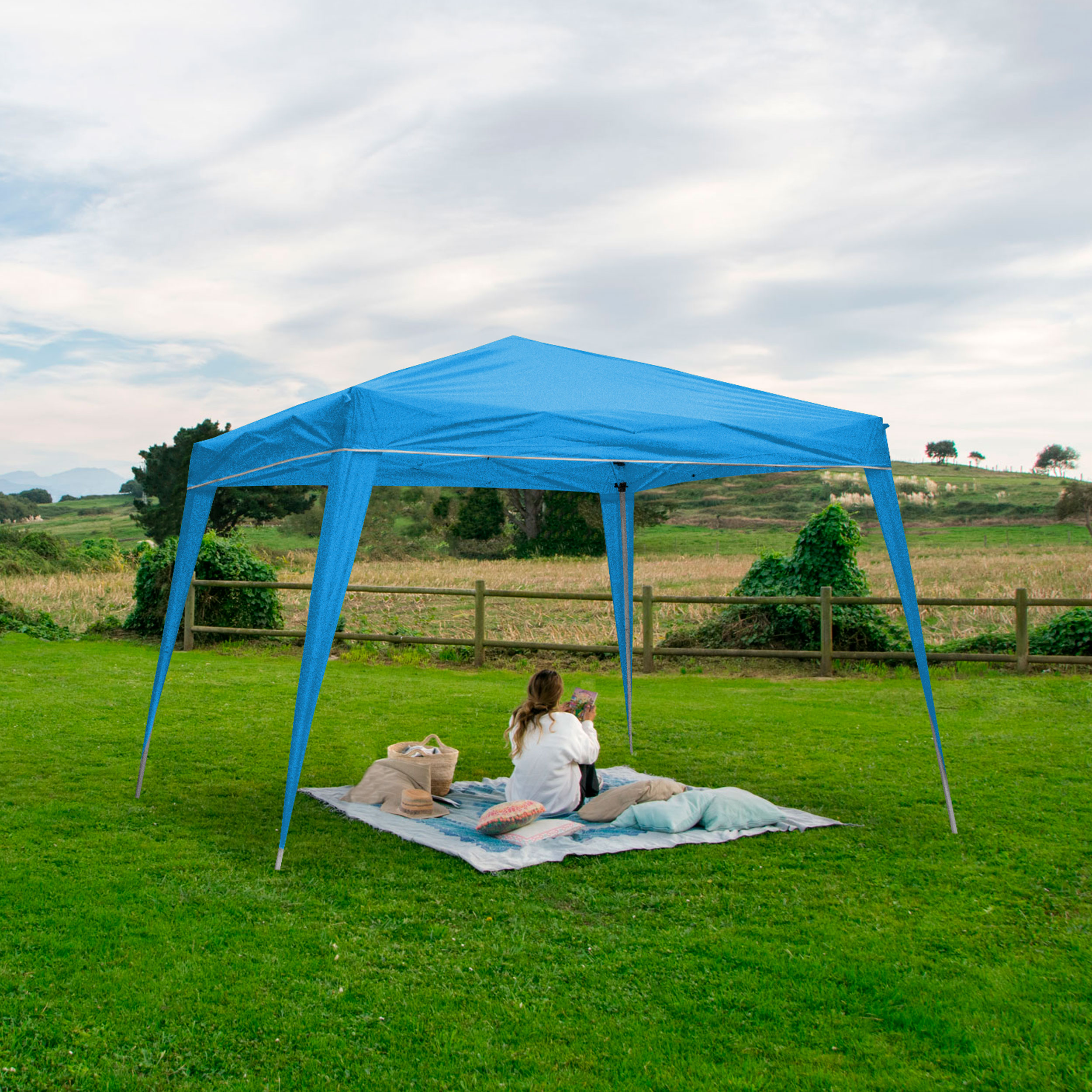 Carpa Plegable 3x3 m Azul – Resistente al Agua - Incluye Vientos y Piquetas de Fijación - Bolsa de transporte - 2