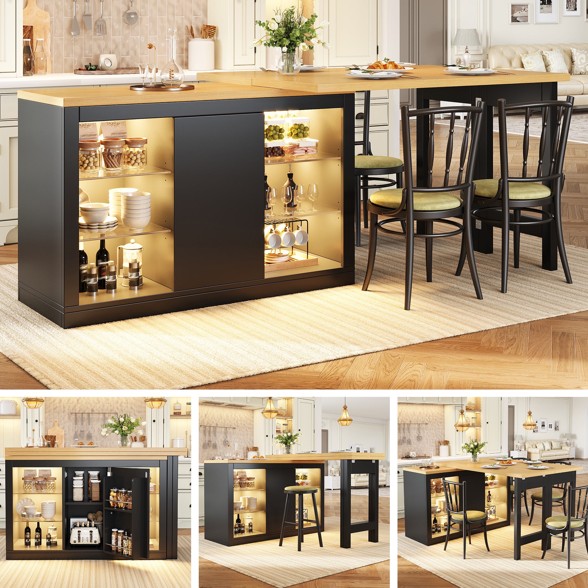 Table de cuisine îlot extensible 120-197x40x72 cm, rotation 360°, avec LED RGB, portes magnétiques, étagères en verre, MDF, Noir - 8