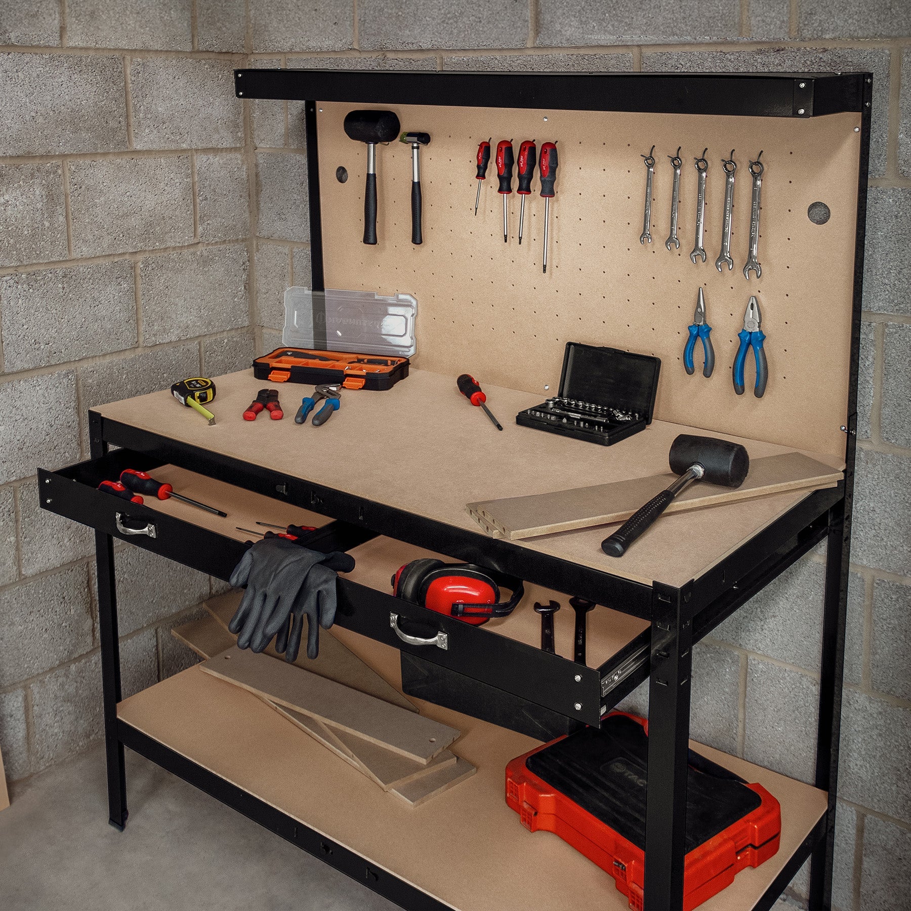 Établi de Travail en Acier Noir avec Tiroirs & Panneau Perforé 120 x 60 cm Capacité de 370 kg LED Intégré Bricolage - 8