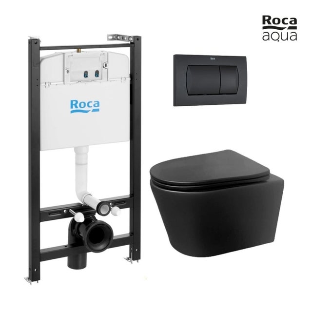 BASTIDOR ROCA ACTIVE PACK CISTERNA EMPOTRADA Y PULSADOR NEGRO MATE CON INODORO SUSPENDIDO Rimless LIA Negro de AzulBath