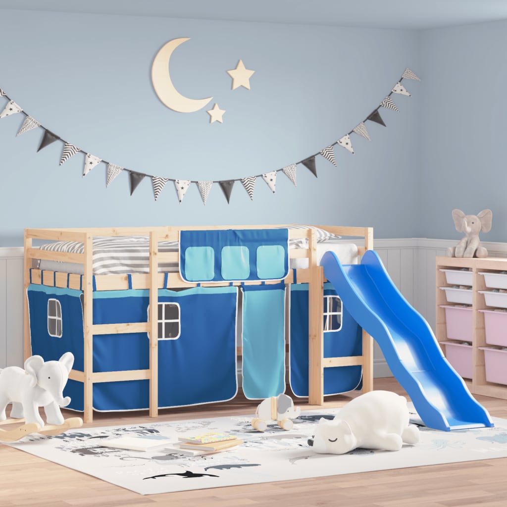 VidaXL Letto A Castello Con Tende Blu 90x190 Cm | In Massello Di Pino Per Camera Bambini Con Fissaggio A Parete - 4