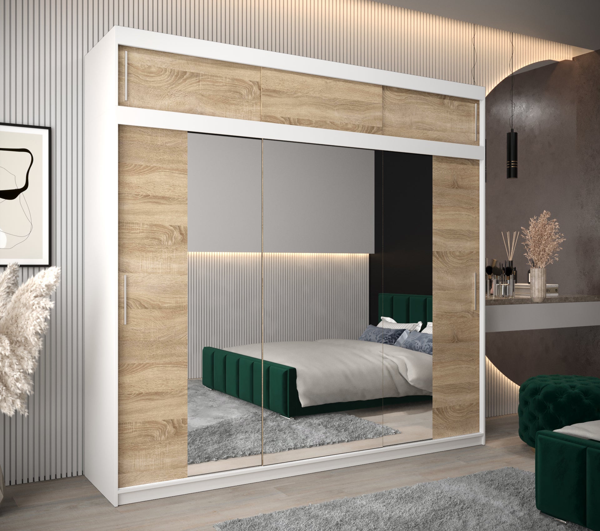 Szafa przesuwna z nadstawką garderoba TOKYO 2 250 x 62 x 240 cm Biały + Sonoma - Abiks Meble