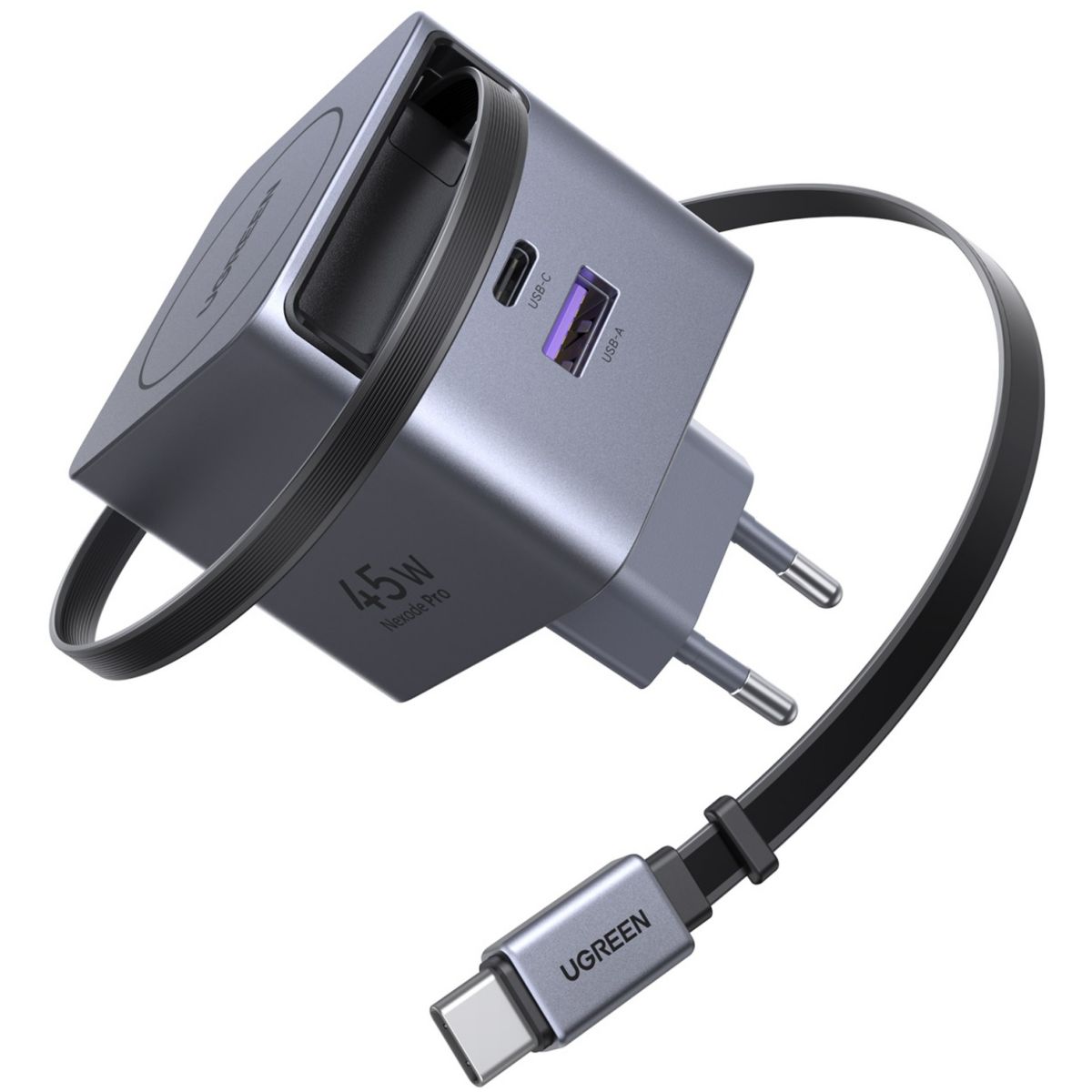 Incarcator Retea Ugreen X614-65822 | 45W, GaN, USB-C, USB-A, Cablu Retractabil