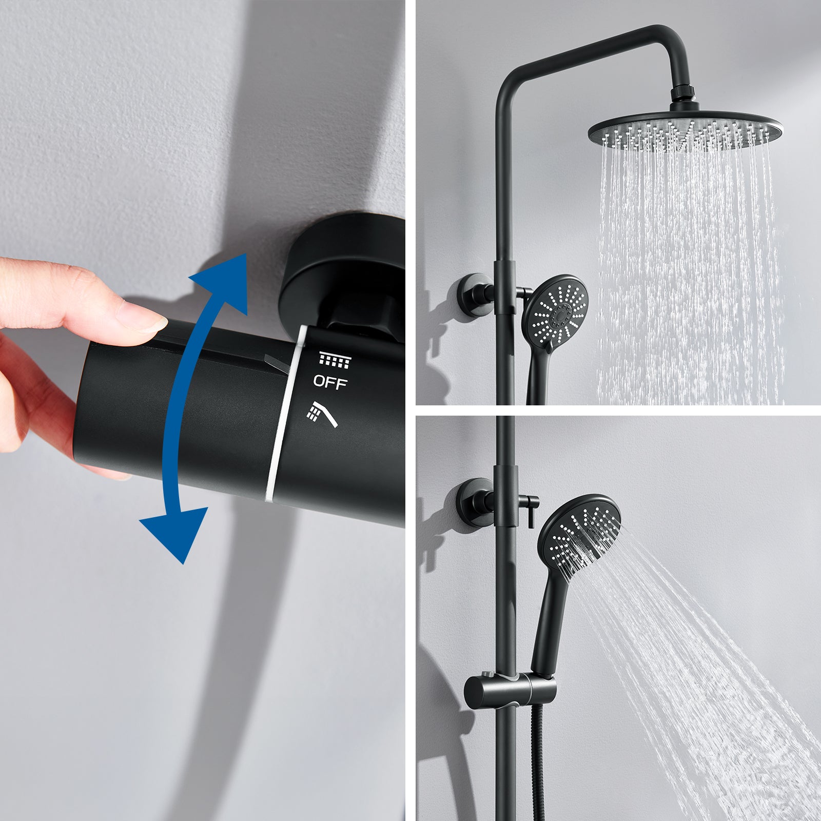 Coluna Duche Termostática Preta com Misturadora Termostática Coluna Duche 38°C,Altura Ajustável,Duche Cabeça/Chuveiro Mão com 3 Jatos - 2