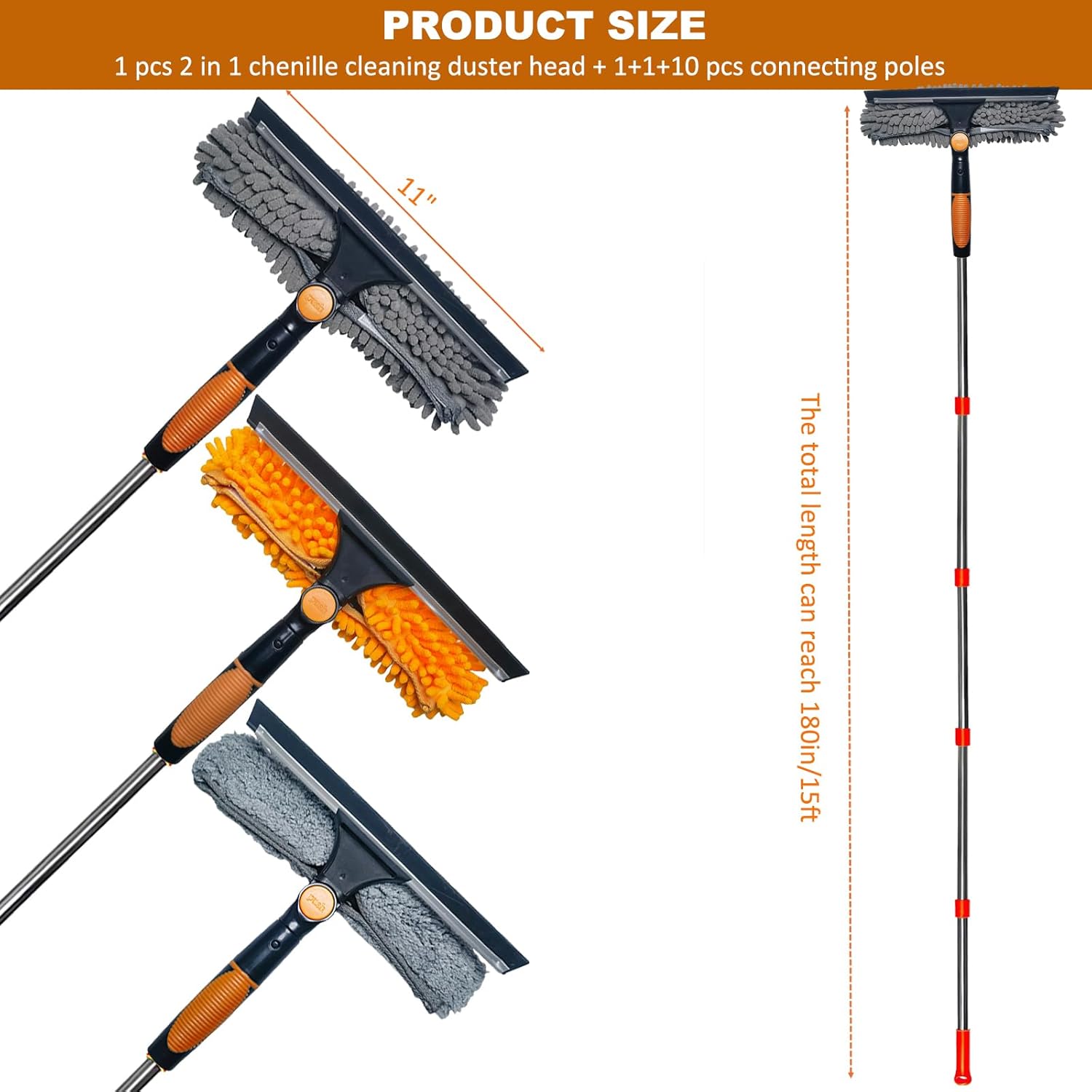 Nettoyeur de vitres 2 en 1 avec raclette et plumeau, portée de plus de 6 m - Outil rotatif avec perche télescopique de 0,9 à 4,2 m pour vitres et vitr - 2